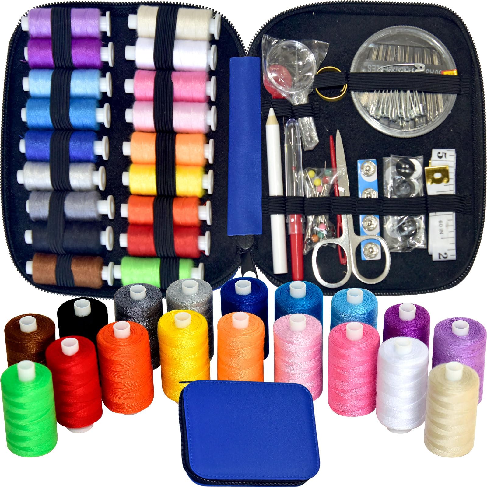 Sewing Kit with Case Portable Sewing Supplies for Home Traveler, Adults, Beginner, Emergency, Contains 18 Sewing Thread, Scissors, Needles, Measure etc,Very Dark Royal Blue
