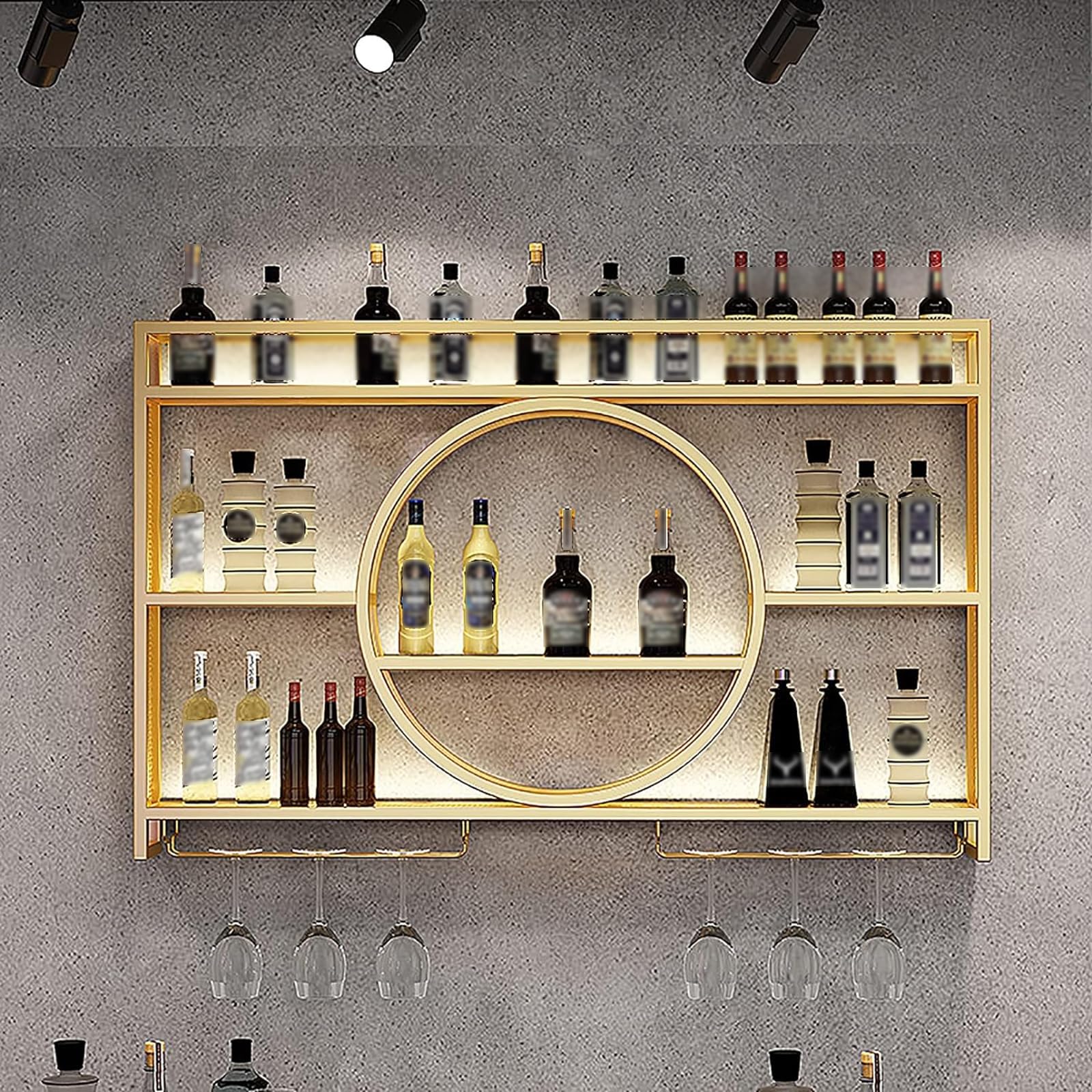 Estante de Pared de Metal con Vitrina de Cristal y estantes flotantes para el hogar, restaurantes y Bares. Acabado Dorado Moderno (tamaño: 100 x 15 x 80 cm).