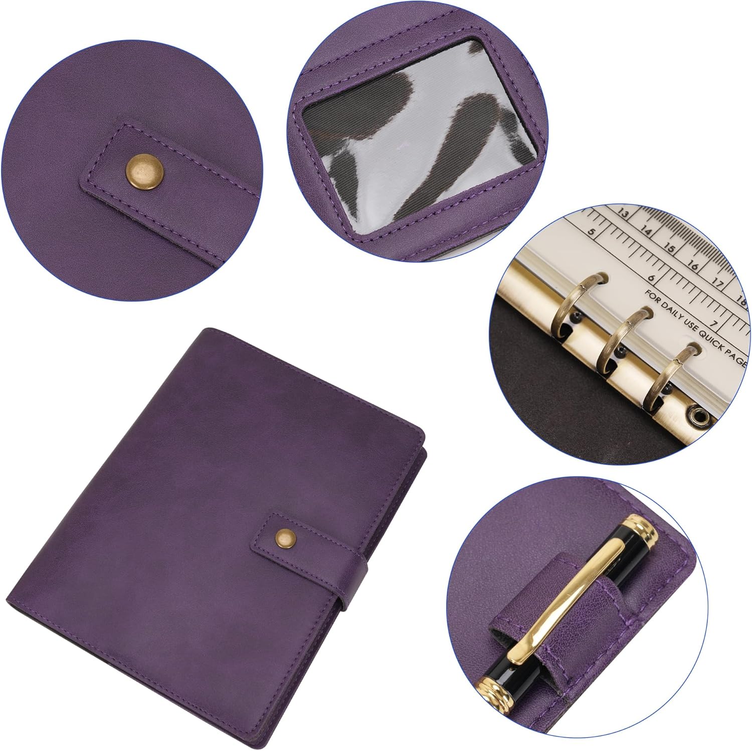 WONDERPOOL Leather Journal Dotted Paper Refillable Writing Binder Notebook - Leather Spiral Diary with Inner Organizer Pockets for Man and Woman (Purple, A5)