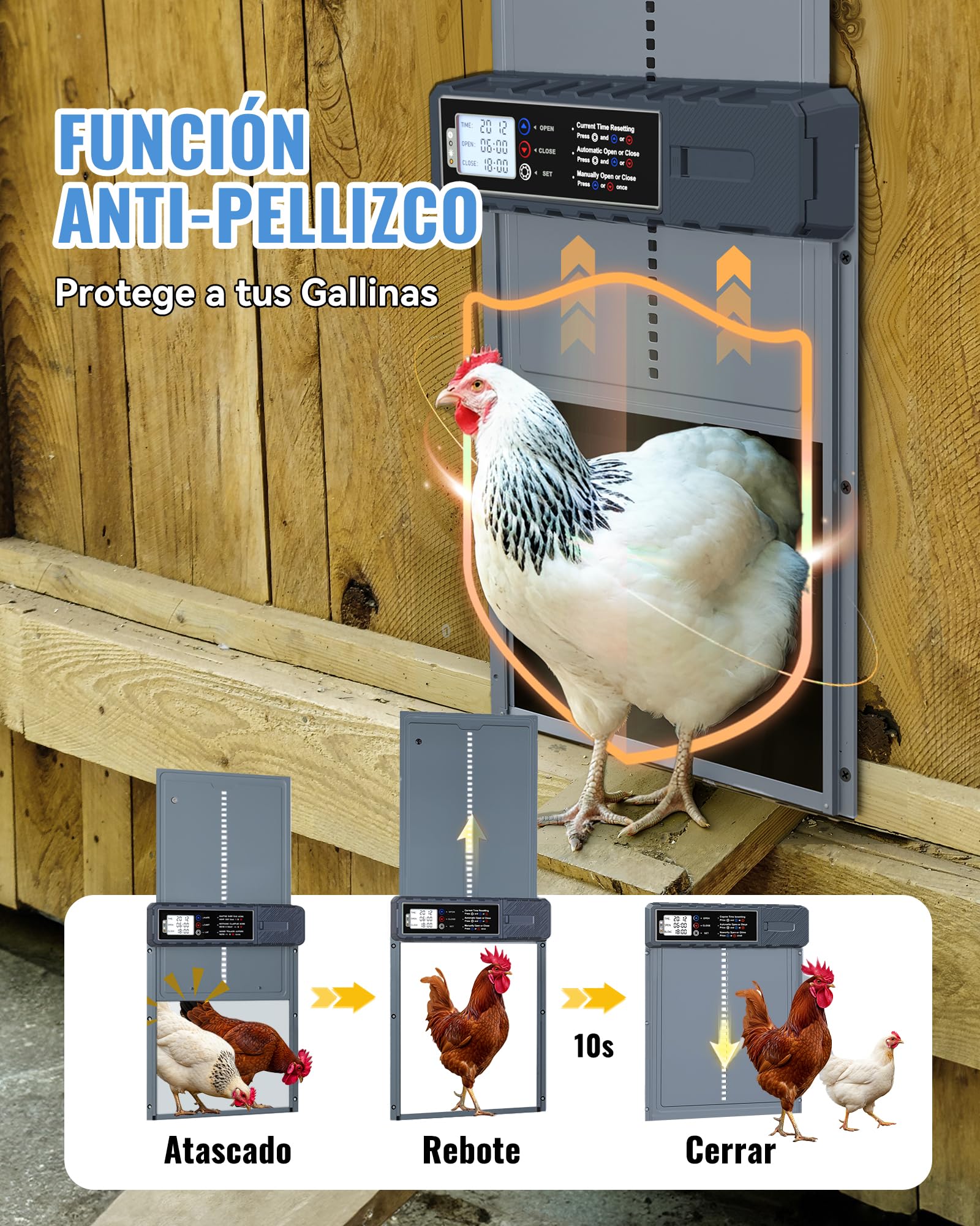 Puerta Gallinero Automatica XL Panel Solar 3W Aluminio Gris Antipinzamiento