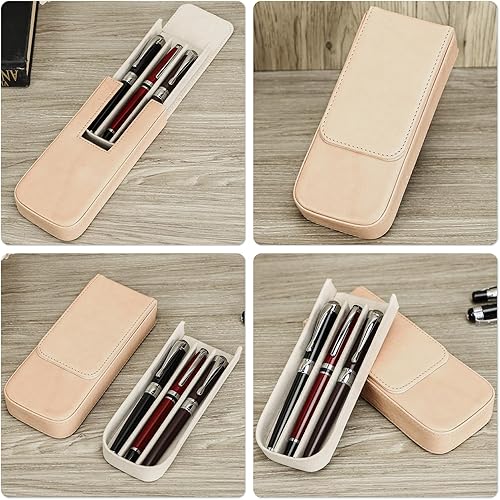 Vista 52 de Top Grain - Estuche organizador de cuero genuino para 12 bolígrafos y lápices, diseño minimalista sólido, hecho a mano, cierre magnético con cajón