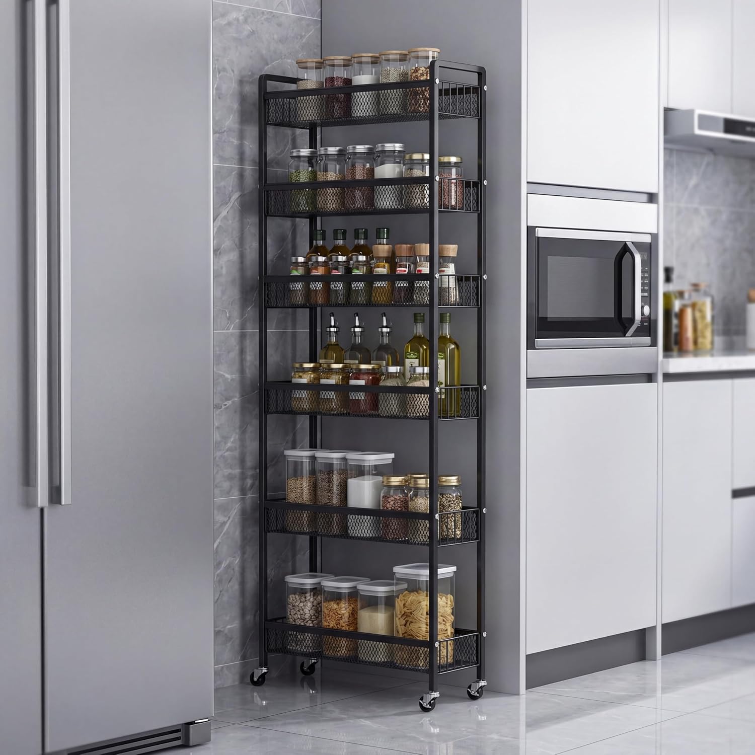 6in 6 Tier Slim Storage Cart with Wheels | Narrow Space Rolling Shelving Unit Organizer for Kitchen, Bathroom, Office
