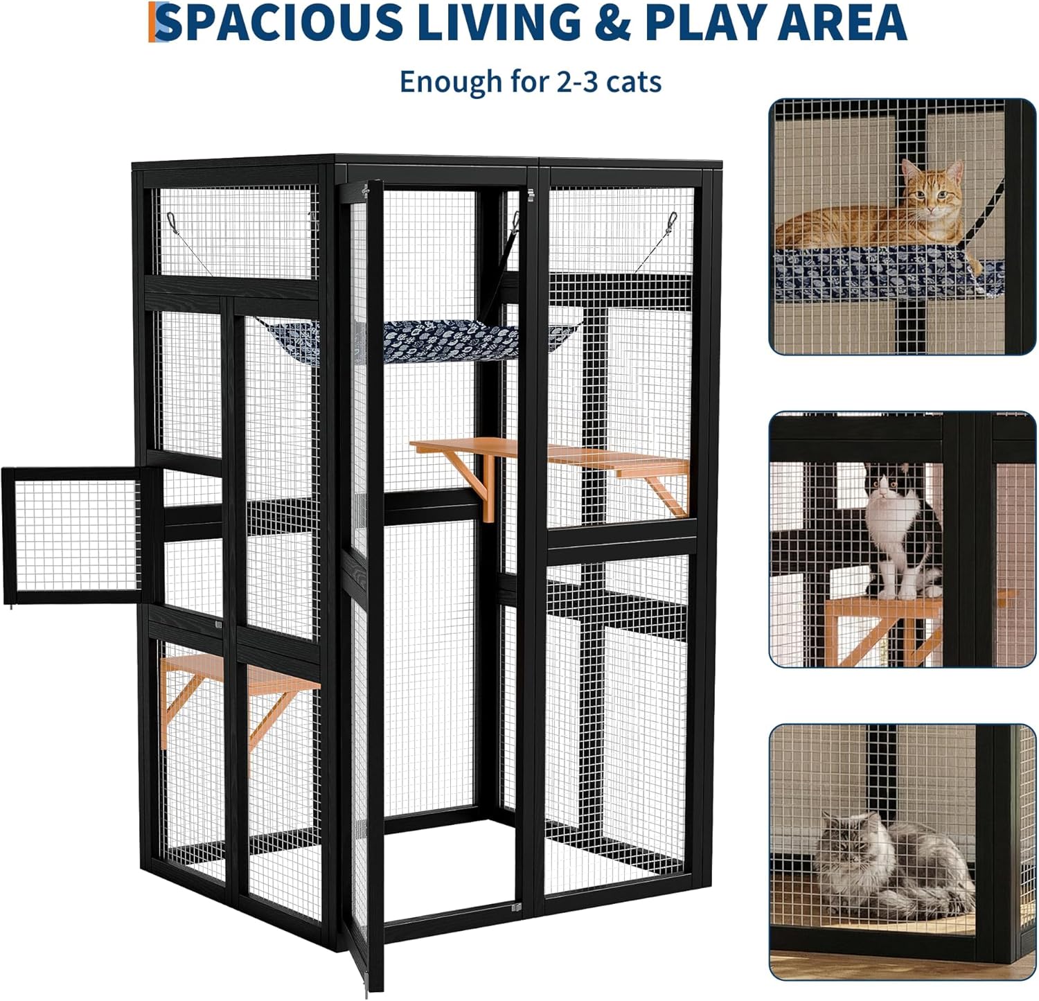 Outdoor Small Catio Wooden Cat Enclosure with Hammock, Window Access & 2 Platforms, Weatherproof Catio Cat Cage for Balcony/Patio/Backyard or Indoor Use Black