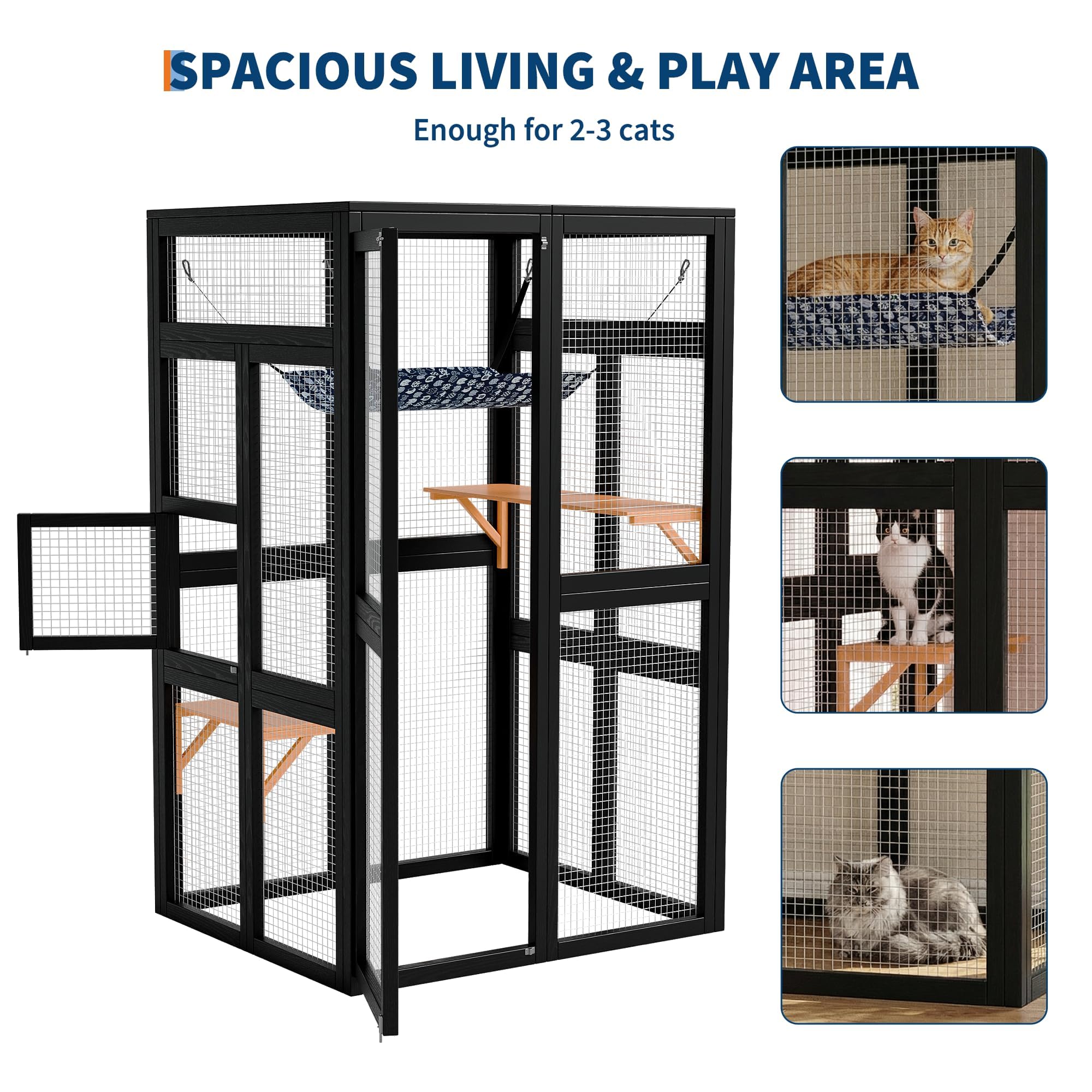 Garvee Enclos à Chat Extérieur en Bois – Toit imperméable, 2 Plateformes, Hamac, Accès Fenêtre – Multi-Chats, Jardin, Balcon, Noir, 100×84×162 cm