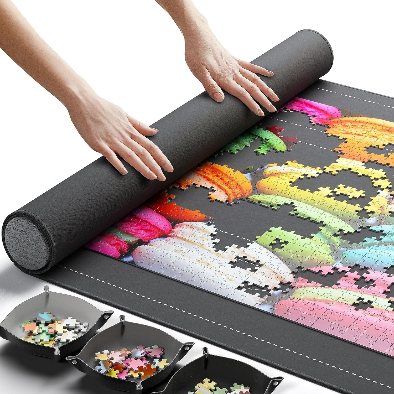 Newverest Tapete para Puzzles Enrollable Original 117 x 66 cm, Guardapuzzles Portátil hasta 1500 Piezas con Base De Goma Antideslizante, Superficie Suave, 3 Bandejas para Puzzles Y Bolsa De Viaje