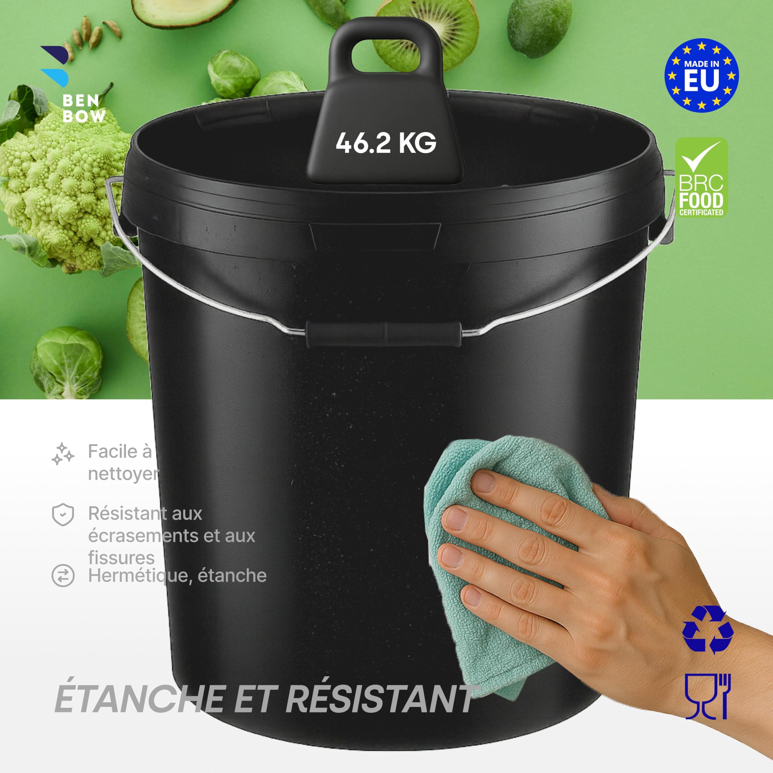 BenBow Seau avec Couvercle 30L Noir 3X 30 litres - apte aux Aliments, Robuste, hermétique, étanche, sans Odeur - conteneur en Plastique, avec poignées - Vide
