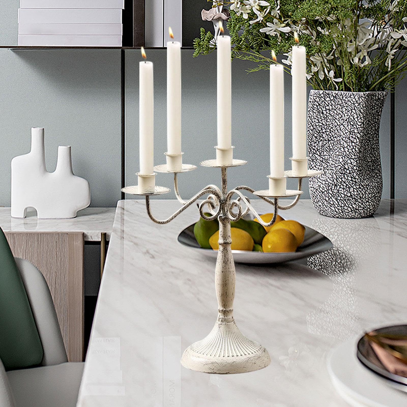 Elegante Candelabro in Ferro, Supporto per Luci a più Rami, Portacandele Adatto per La Decorazione E, Bianco con 5 Braccia