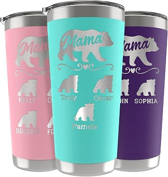 Amazing Items Personalized Mama Bear Tumbler, 20 or 30 oz. - 13 Colors - Names up to 5 Cubs, New Mom Gifts, Custom Mom Tumbler - Gifts for Mom from Daughter, Son