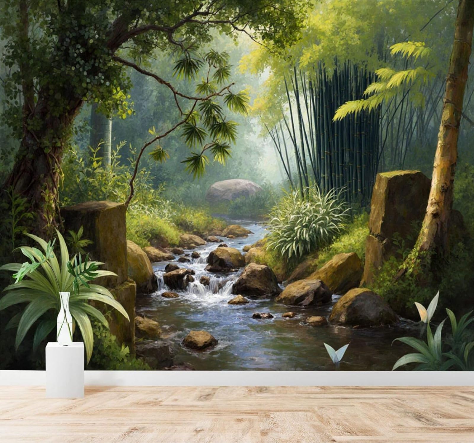 XLMING Fresh Bamboo Grove Woodland Stream Sunlight 3D Wallpaper Premium Textured Silk Study Dining Living Room Bedroom Sofa TV Wall Easy Install-350cm×256cm