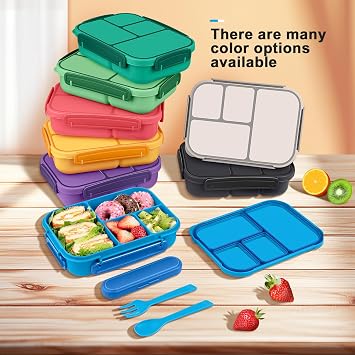 Amathley Children's Lunch Box with Compartments Bento Box Children Lunch Box Adults 1200 ml Lunch Box with 4 Compartments and Cutlery Microwave and Dishwasher Safe BPA-Free and Reusable (Blue)