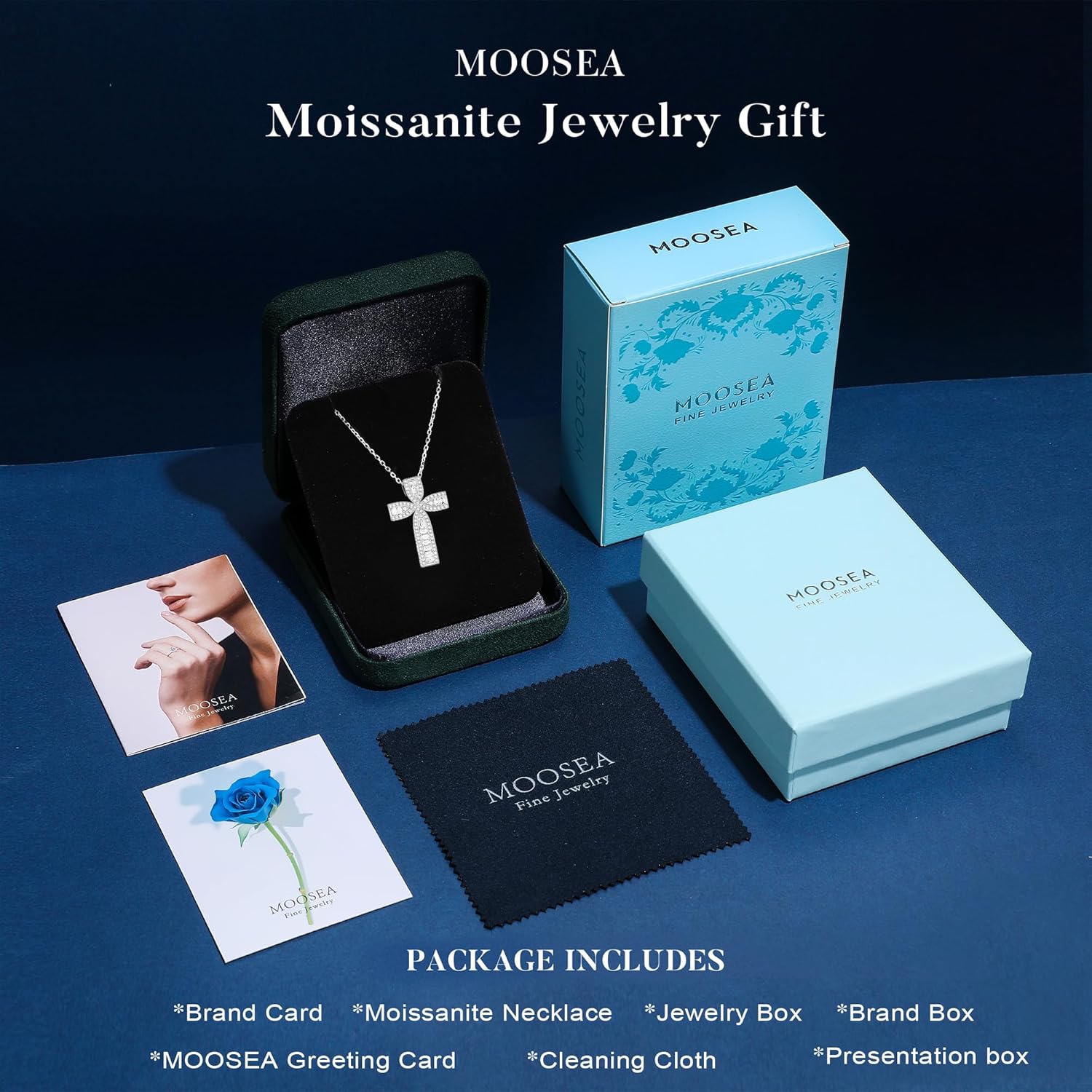 MOOSEA Emerald Cut Moissanite Cross Necklace, 925 Sterling Silver Lab Created Moissanite Necklace, Faith Pendant Christian Gifts for Women Anniversary Birthday Jewelry Gifts