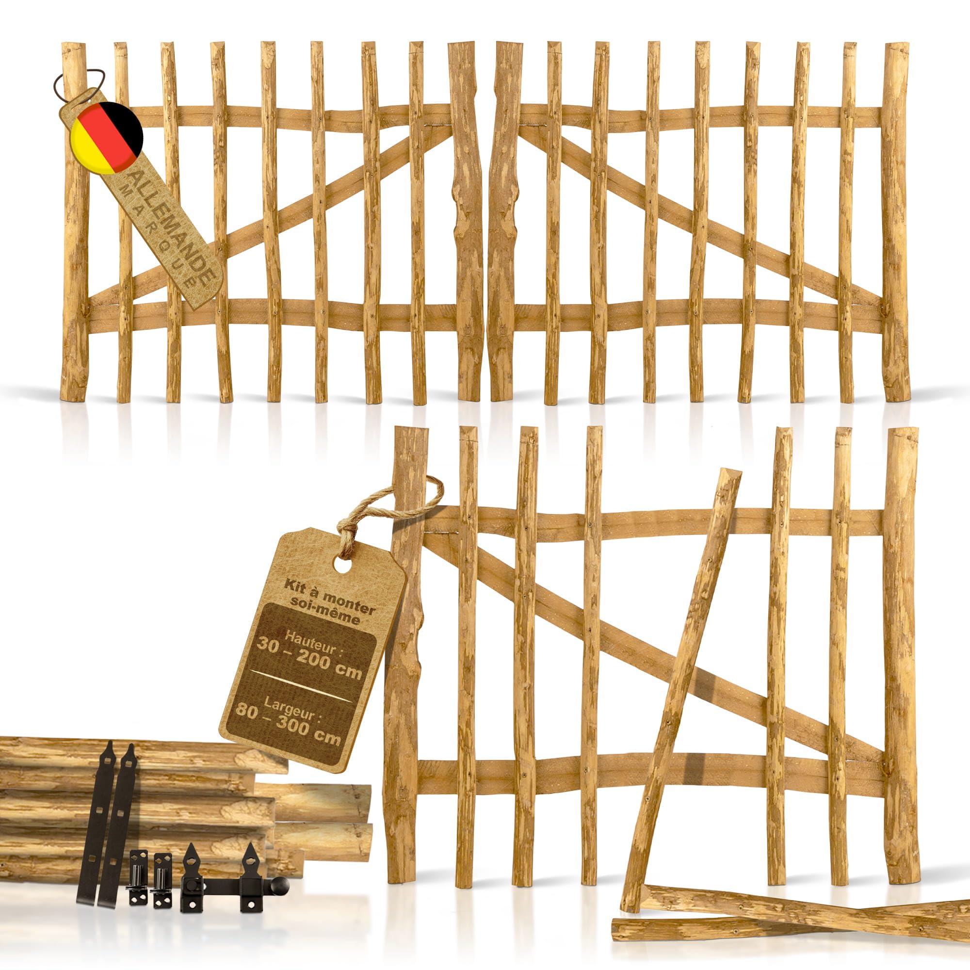 BOOGARDI Portillon de jardin en bois DIY, portail ganivelle en 168 dimensions, 1 vantail ou 2 vantaux, largeur 300 cm x hauteur 120 cm, espacement 7-9 cm