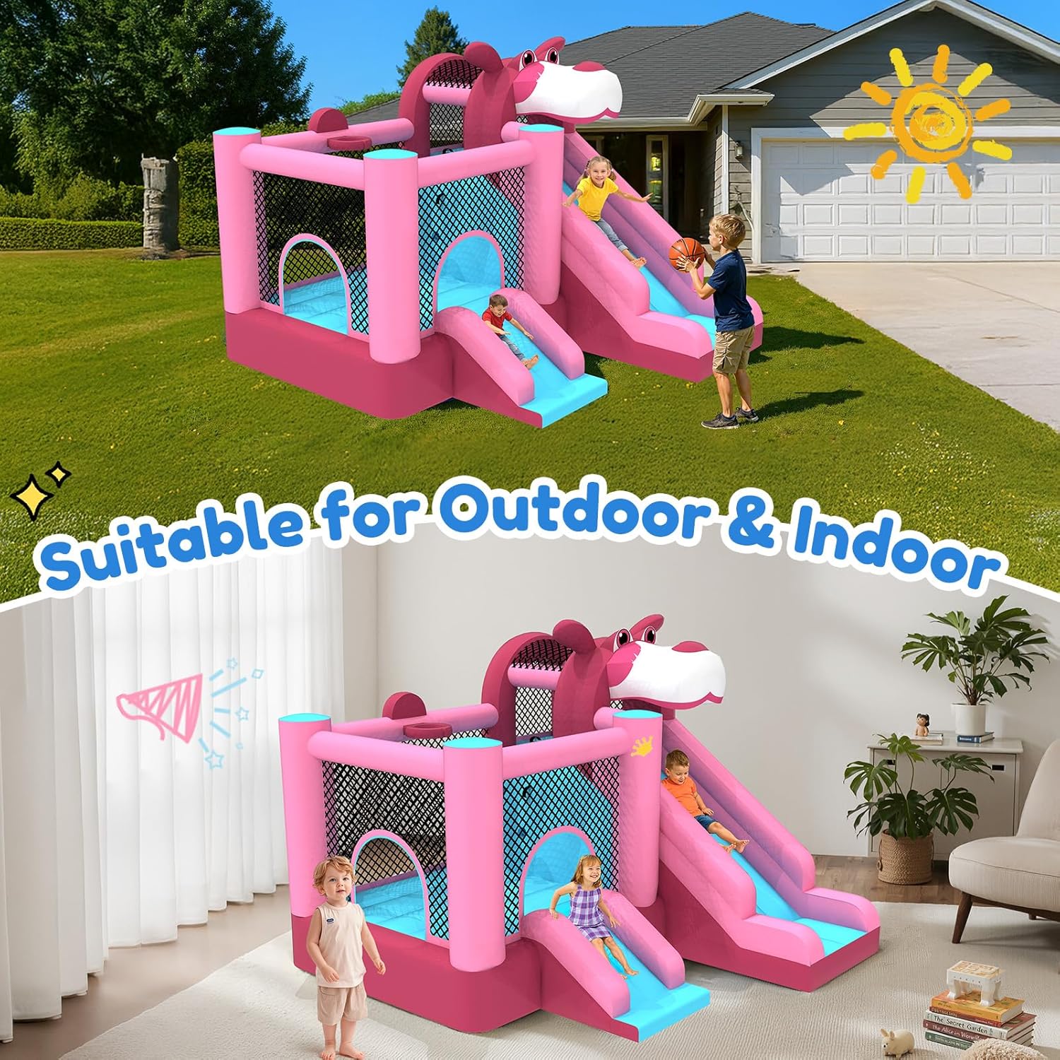 MUKDIY Inflatable Bounce House Double Slide, 9.5ft x9.5ft Jumping Castle for Kids,Heavy-Duty 840D Oxford Fabric, Ages 3-8, Includes 350W Blower, 8 Stakes, Repair Kit (Up to 3 Kids), Pink & Blue