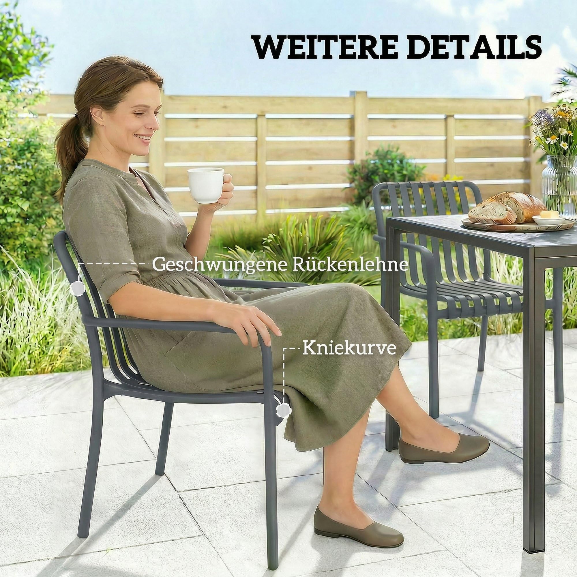 Outsunny Gartenstühle 4er Set Stapelbare Terrassenstühle mit Lamelldesign Armlehnen, Ergonomisch Balkonstühle bis 120 kg Stapelstühle für Garten, Balkon, Terrasse 55 x 58,5 x 81,5 cm Dunkelgrau