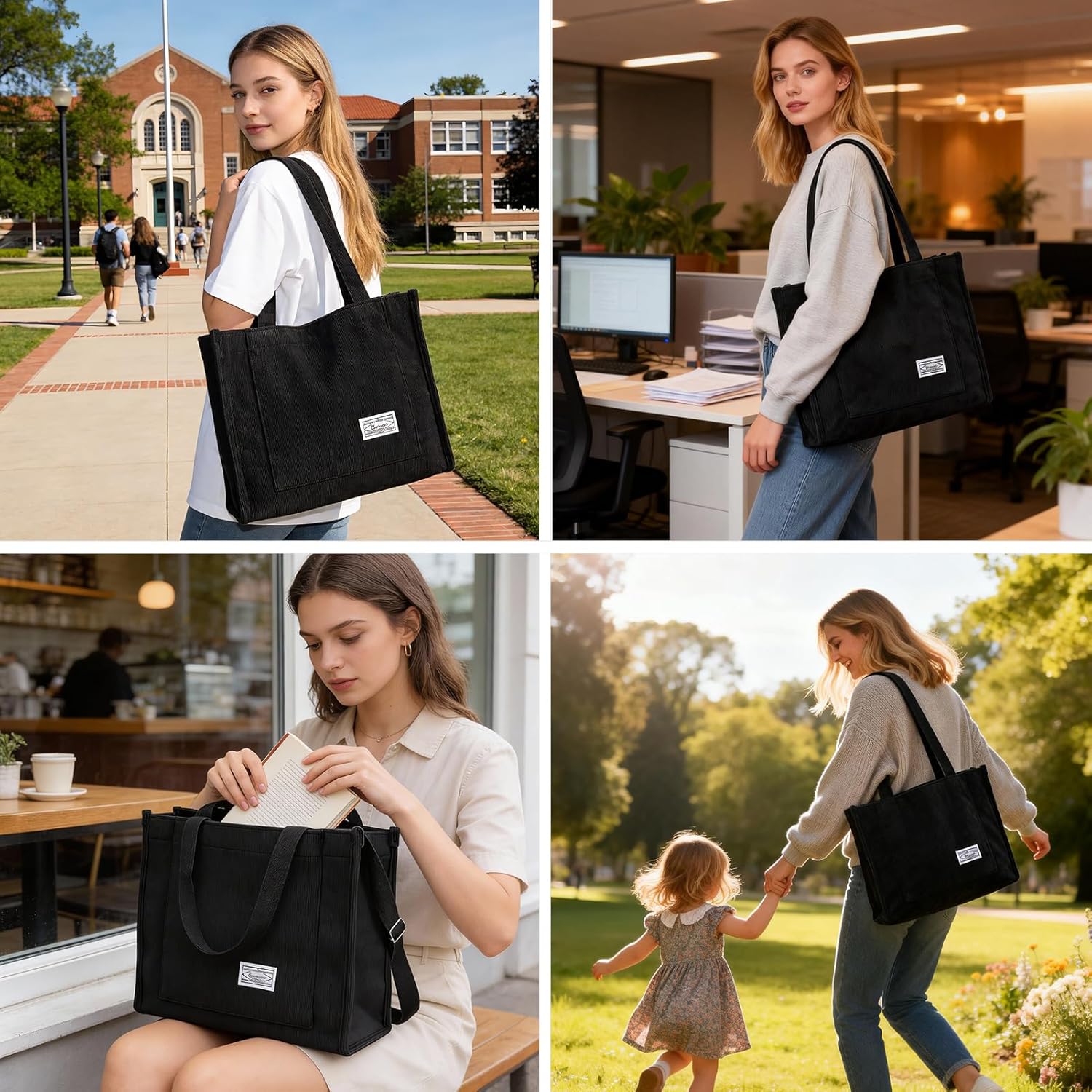 UERRUAM Tote Bag for Women,Lightweight Corduroy Tote Bag 2pcs,Shoulder Crossbody Bag for Work,Everyday,College,Hard Bottom - Image 2