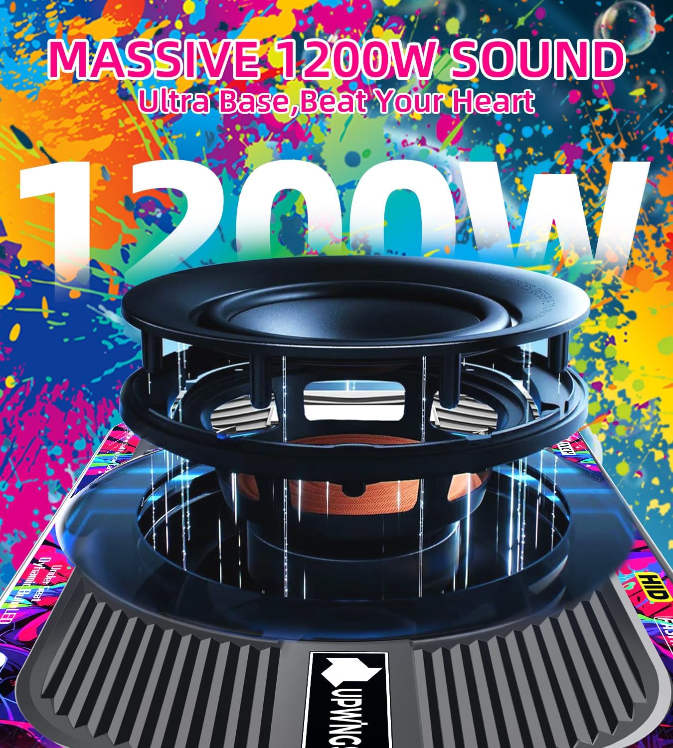 1200W 10" Car Subwoofer, Slim Under Seat Powered Subwoofer and Amp Package with RGB Light, Individual Control for Low Pass/Gain/Boost Bass, Deep Bass Perfect for Truck/SUV/Jeep/MPV