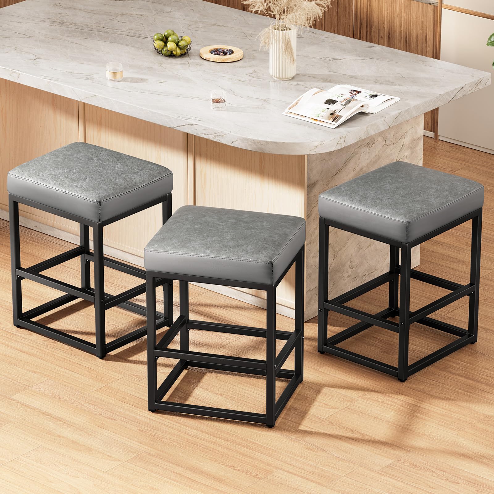 Raynesys Counter Height Bar Stools Set of 3, 24" Barstools for Kitchen Countertop, Faux Leather Counter Stools with Thick Square Seats & Sturdy Metal