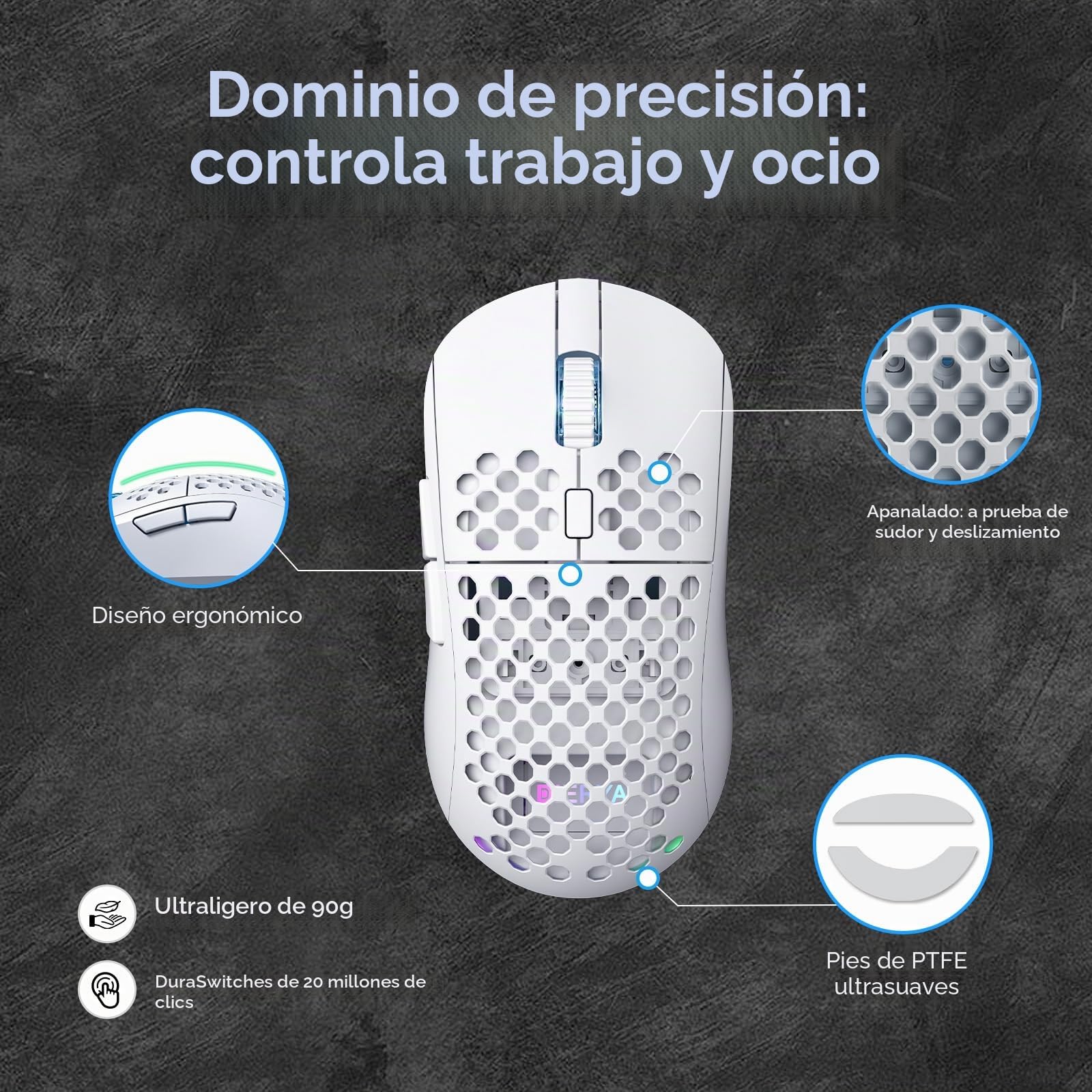 Dierya x TMKB M1 Ratón de Juego Inalámbrico, Sensor Óptico 24 000 dpi, Ligero 90g, 6 Botones Programables, Iluminación RGB, Autonomía 180H, 2.4GHz/Bluetooth/USB-C Ratón Gamer, Blanco