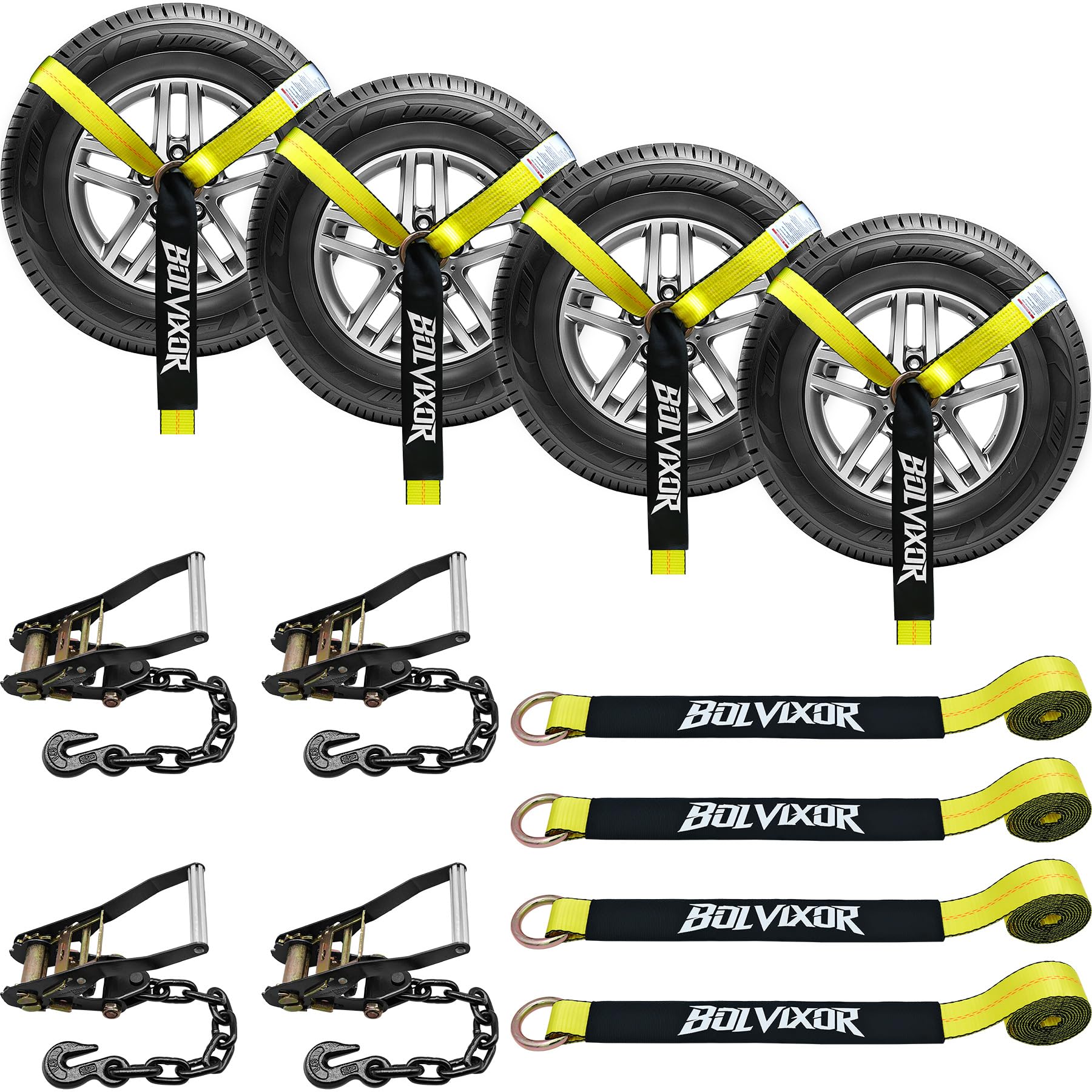 Bolvixor 4 Pack Car Tie Down Straps for Trailers - 2" x 96" - 9900LBS Break Strength - Tire Ratchet Straps with Heavy Duty Chain Anchors for Hauling UTV, SUV, Truck, Any Cars
