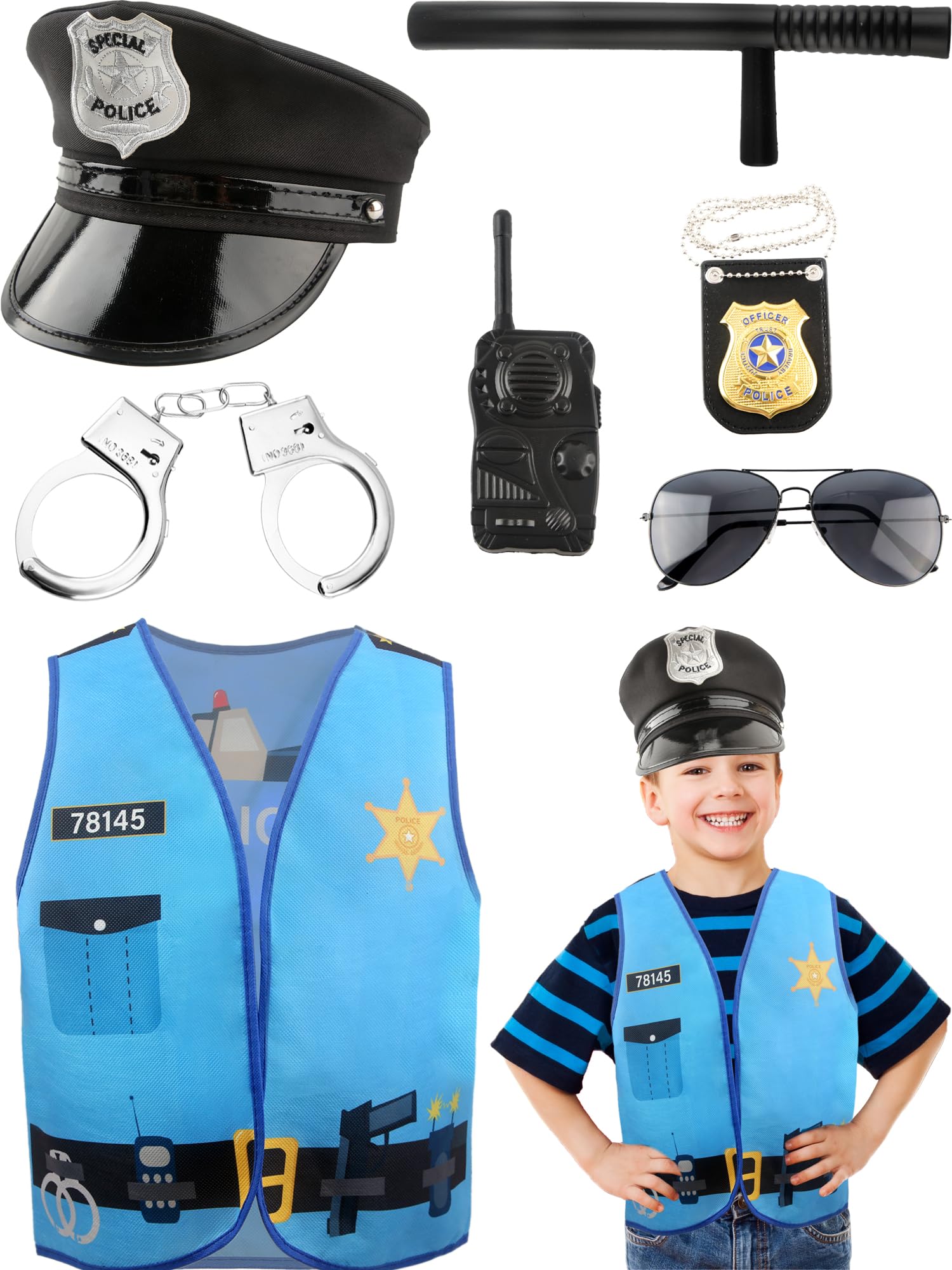 8 Pcs Kids Police Costume Set Police Vest Hat Prop Toys Police Officer Dress Up for Boys Police Career Day Halloween Party