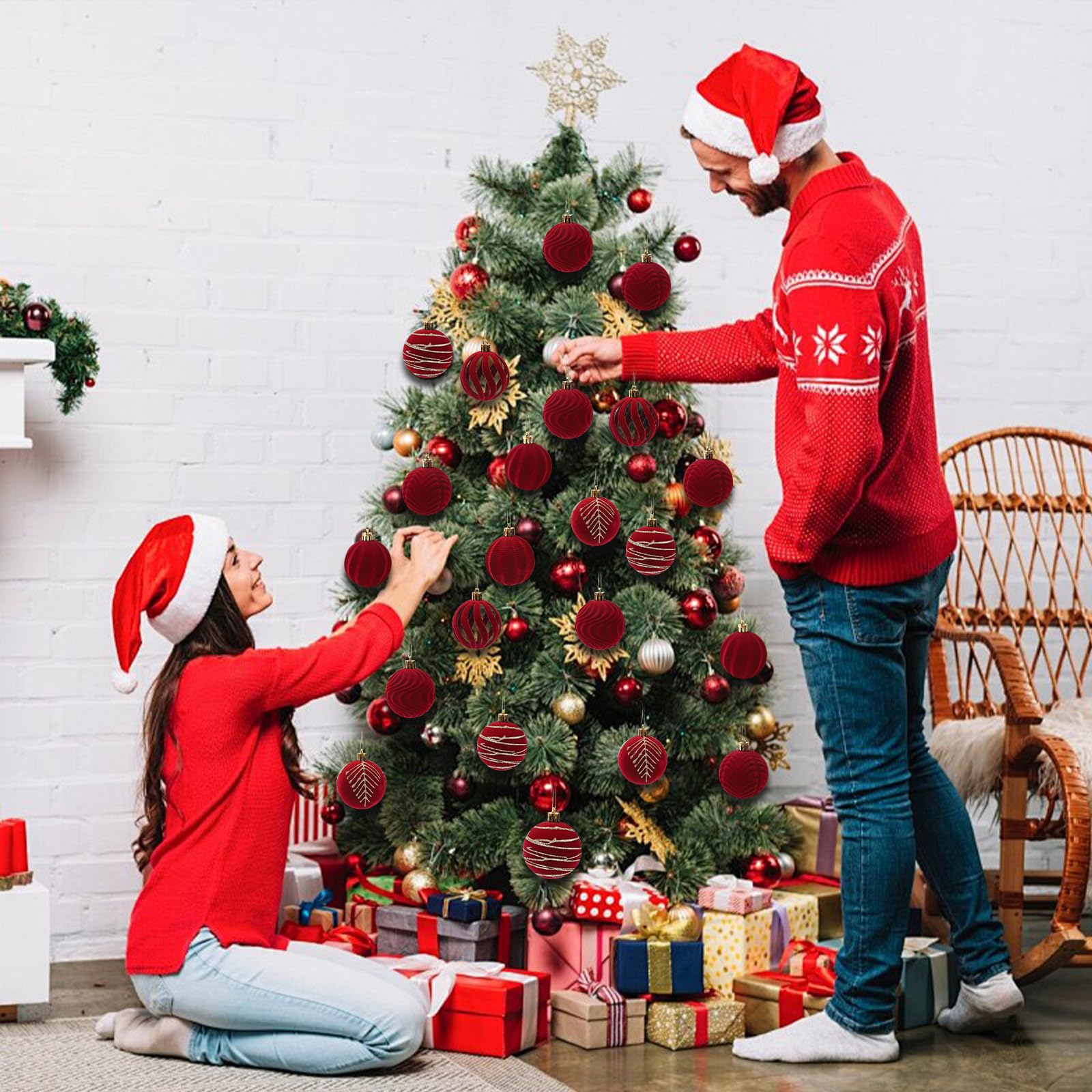 Palline di Natale in velluto, 30 pezzi, 6 cm, decorazioni per albero, set di palline floccate da appendere per vacanze, matrimoni, feste di compleanno (rosso)