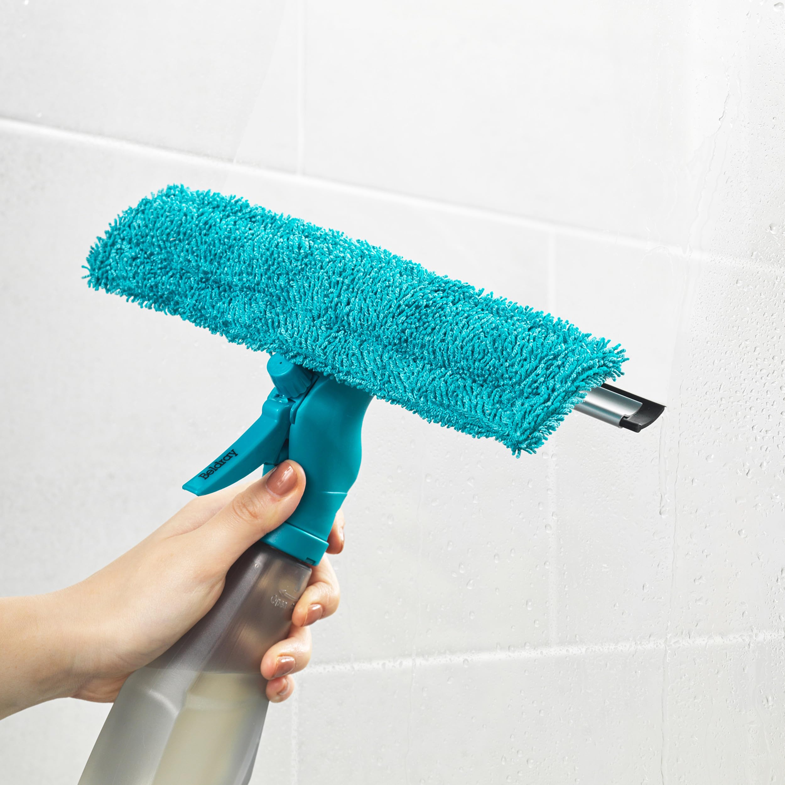 Beldray LA024275TQEU7 Detergente per Vetri Spray Salviette Integrate & Tampone di Pulizia in Microfibra, leggero, 25 x 27 cm, TergiVetro del Finestrino, Detergente per Vetri Doccia