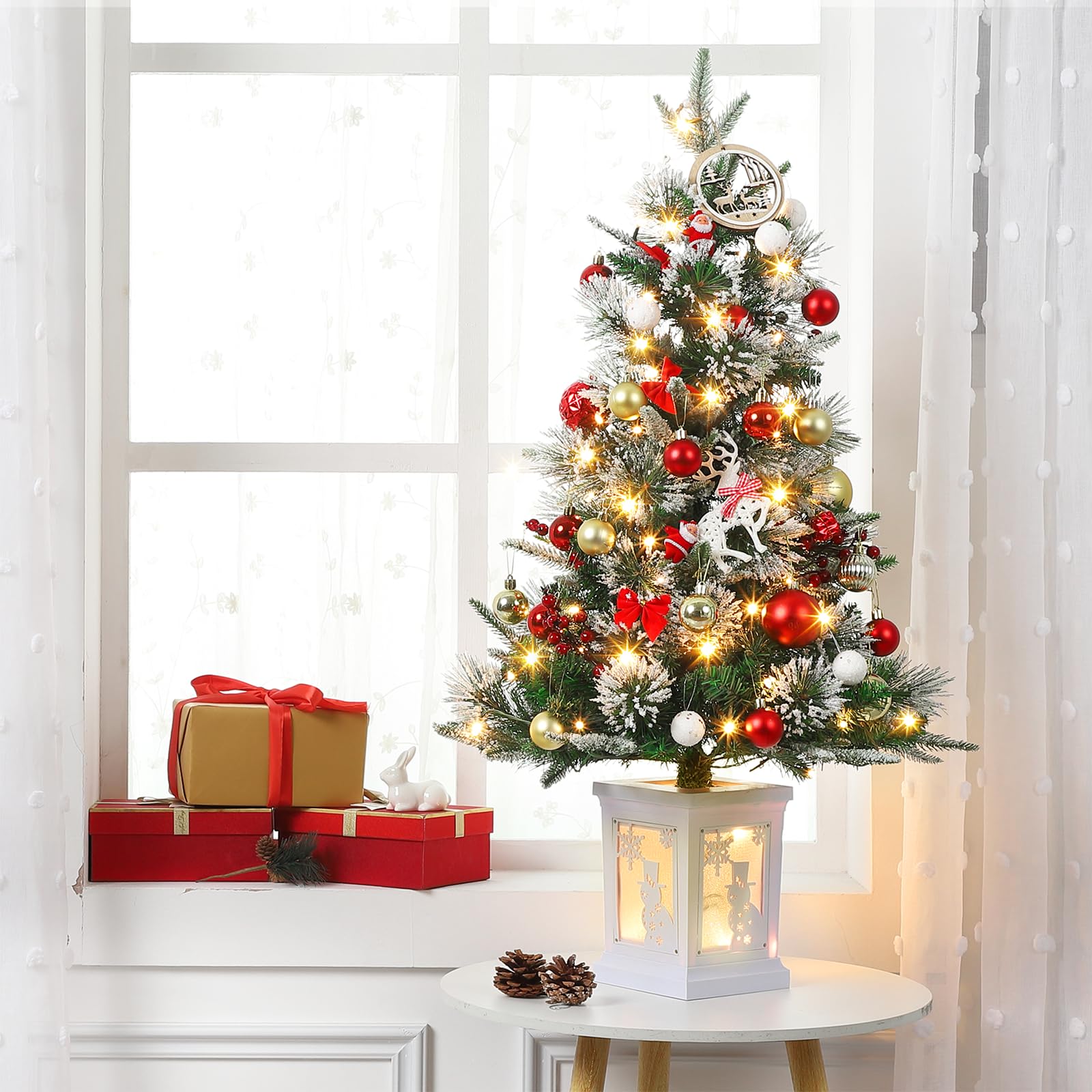 3ft Prelit Snow Flocked Christmas Tree with Light Up White Snowman Box Base