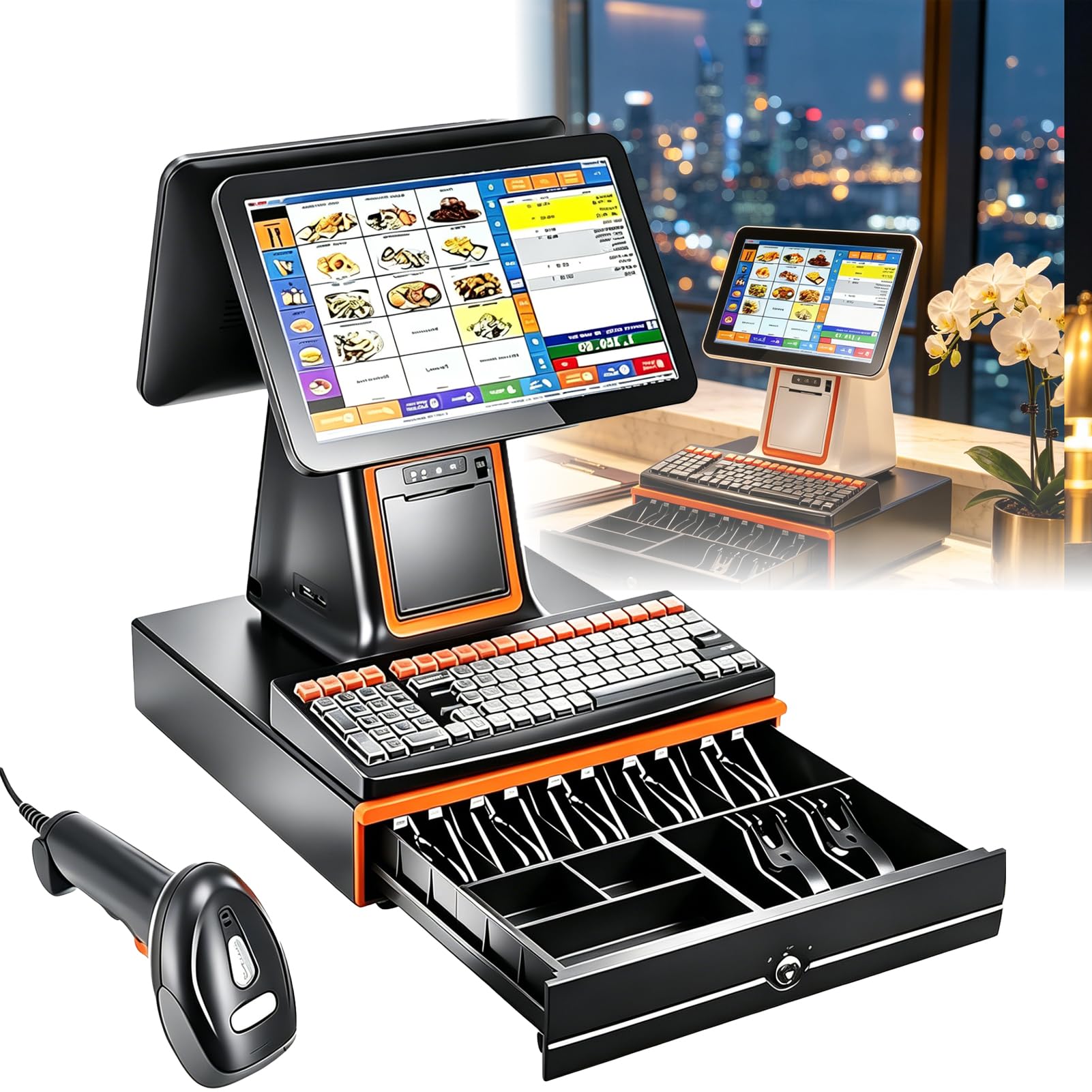 Jiayiyoux Touchscreen Cash Register All-In-Oner, 15.6" HD Pos Cash Register with Keyboard, Built-In 58Mm Printer & Scanner, Windows 10 for Retail, Restaurant, Small Business,Black,DualScreen