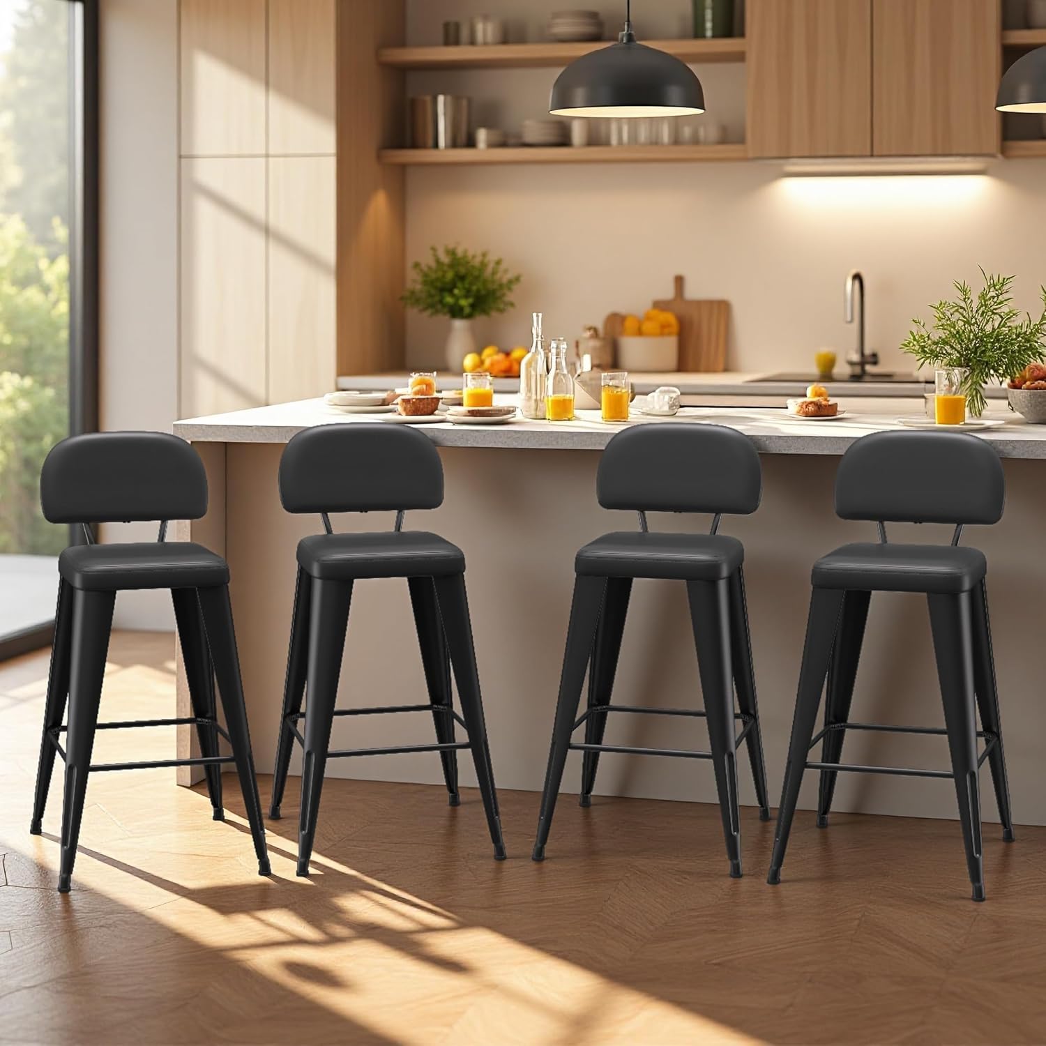 30 Inch Metal Bar stools Set of 4, Upholstered Counter Height Bar Stools with Removable Back & Metal Legs, Industrial Barstools for Kitchen Island, Cafe (Black)