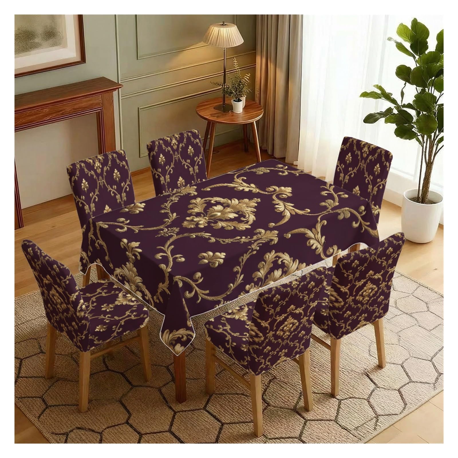 BOSUYBN Dark Purple Gold Damask Dining Tablecloth & Chair Covers Set, 5/7 Piece Luxury Baroque Royal Vintage Elegant Dining Decor Table Setting(7pcs Set: Tablecloth+Chair Covers)