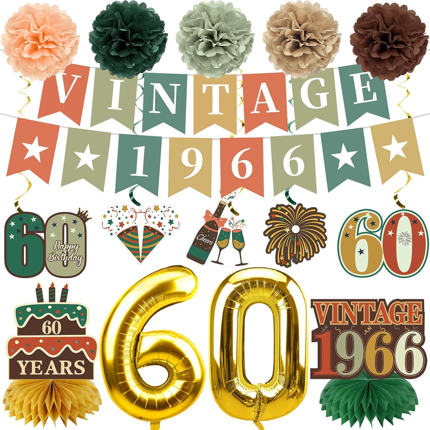 14Pcs 60th Birthday Decorations Kit for Men Women, Green Gold Happy 60th Birthday Banner and Foil Balloons, Vintage 1966 Bday Honeycomb Cenerpieces Swirls Paper Pompom Party Supplies