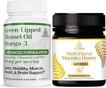 TURNER New Zealand Omega-3 Green Lipped Mussel Oil, 53x Higher Potency for Superior Joint Comfort & Mobility, No Fishy Aftertaste, 1 Bottle, 60 Softgels Plus 1 jar of Multifloral Manuka Honey