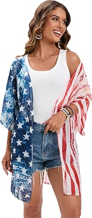 DDSOL Womens American Flag Kimono Cover up Beachwear Cardigan Loose Tops Shirt Blouse