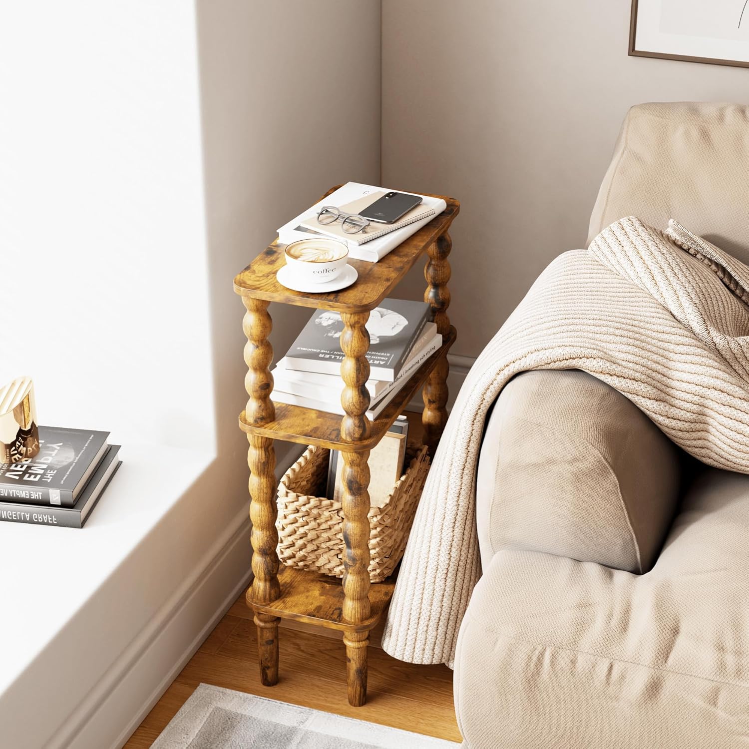 Side Table, Small End Table with Storage Shelf, 3-Tier Small Coffee Tables for Living Room Bedroom Narrow Spaces(Rustic Brown)