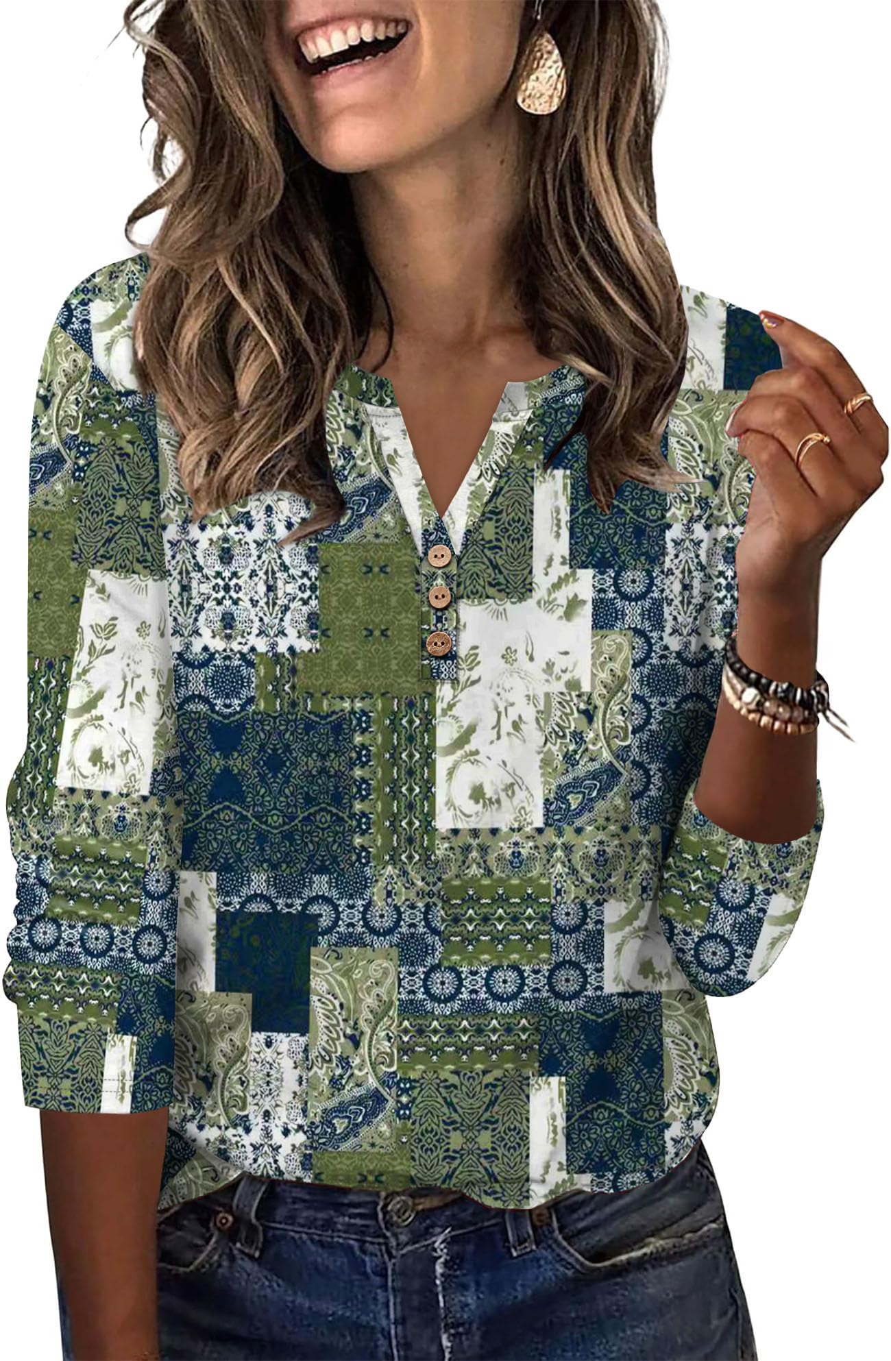 Aokosor Womens 3/4 Sleeve Tops Ladies Blouse V Neck Tunic Long Sleeve T Shirts Curved Hem Office Wear — view 13