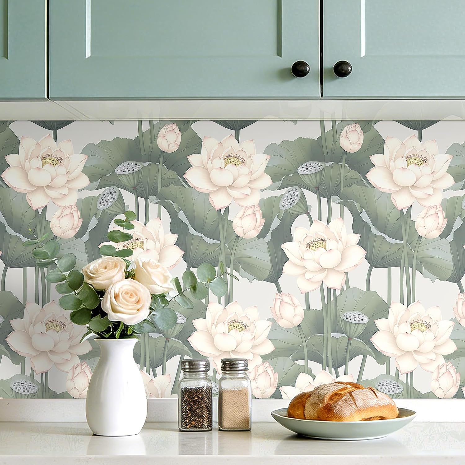 17.5x393 Lotus Flower Peel and Stick Wallpaper Pink and Green Floral Wallpaper Renter Friendly Botanical Nature Asian Chinoiserie Green Serena Lily Pad Vintage Contact Paper Shelf Liner