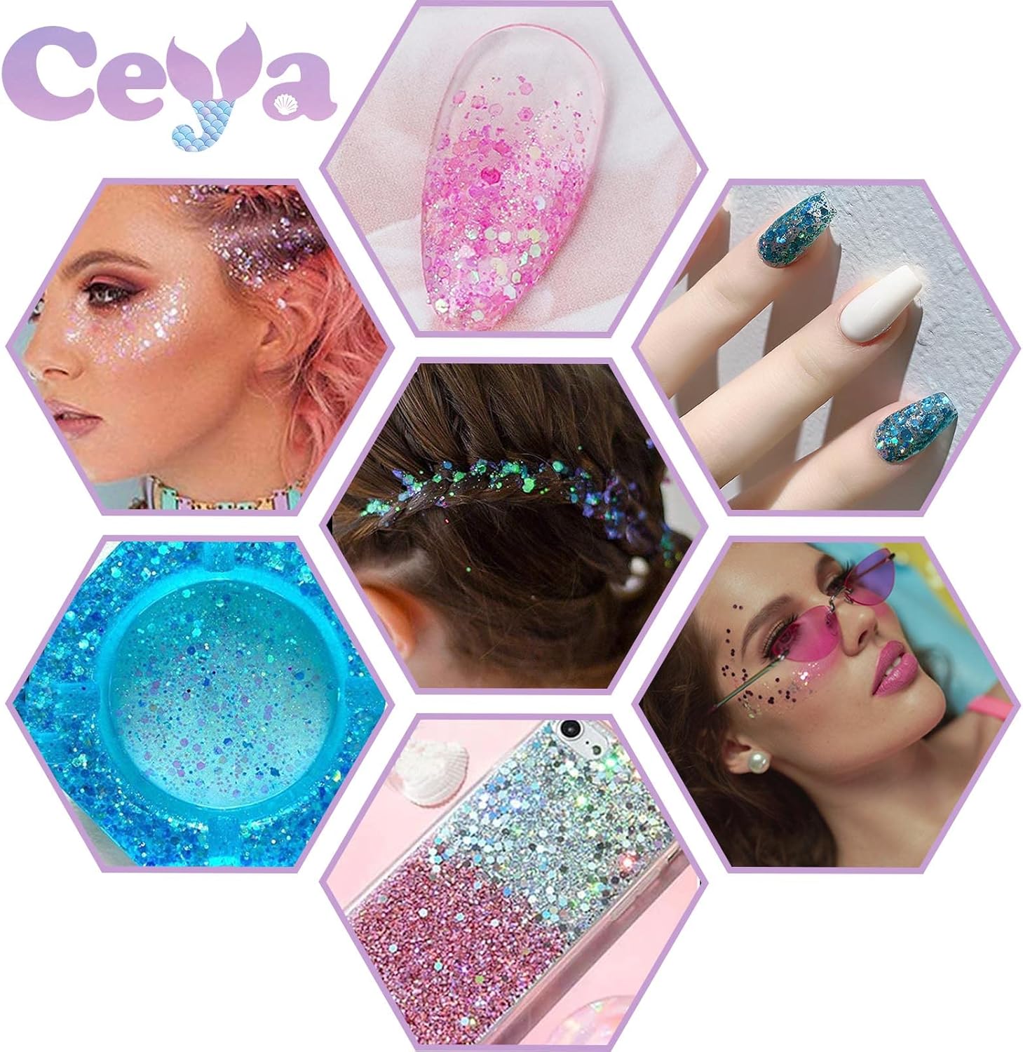 Ceya Chunky Glitter Set 32 Colors, 11.28 oz/ 320g Craft Glitter Powder Mixed Chunky Fine Sparkle Flakes Each 15ml Iridescent Nail Sequins for Epoxy Resin Nail Art Tumbler Slime Festival Decor