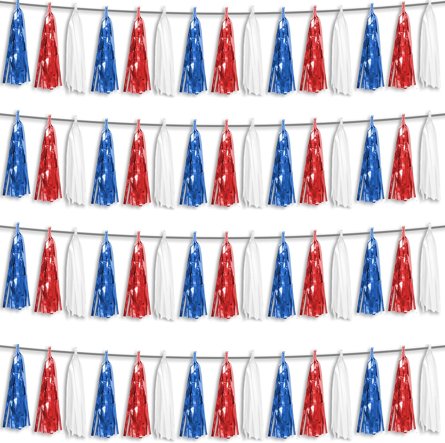 4P Red Blue White Foil Fringe Metallic Tassel Streamers Banner Tassel Garland for Parade Floats, Graduation, Wedding, Birthday, Halloween, Christmas, Independence Day, 4th of July, Party Decorations