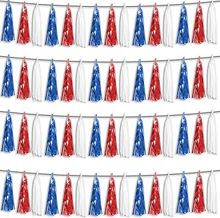 4P Red Blue White Foil Fringe Metallic Tassel Streamers Banner Tassel Garland for Parade Floats, Graduation, Wedding, Birthday, Halloween, Christmas, Independence Day, 4th of July, Party Decorations