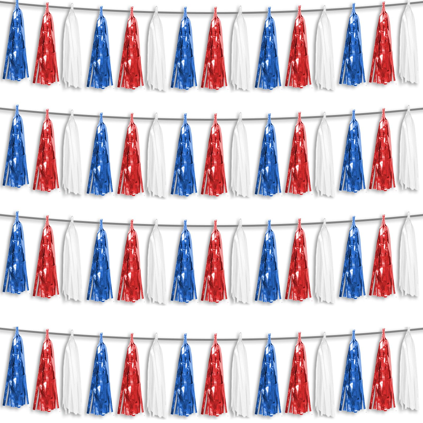 4P Red Blue White Foil Fringe Metallic Tassel Streamers Banner Tassel Garland for Parade Floats, Graduation, Wedding, Birthday, Halloween, Christmas, Independence Day, 4th of July, Party Decorations