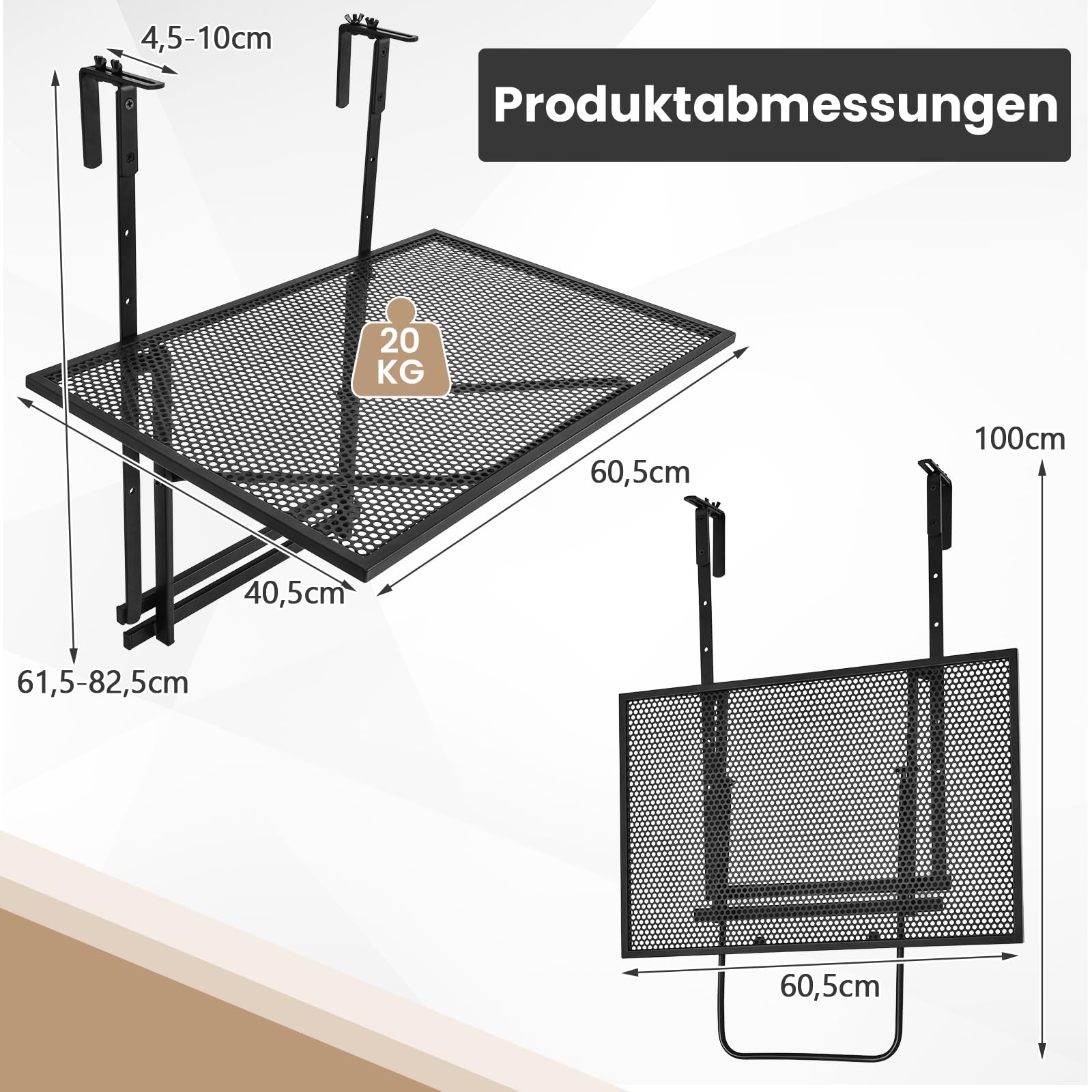 COSTWAY Balkontafel Om Op Te Hangen, Inklapbare Balkonhangtafel Met 3 Traps Verstelbare Hoogte Klaptafel Hangtafel Weerbestendig Voor Balkonleuningen 60 X 40 Cm Zwart 660506399