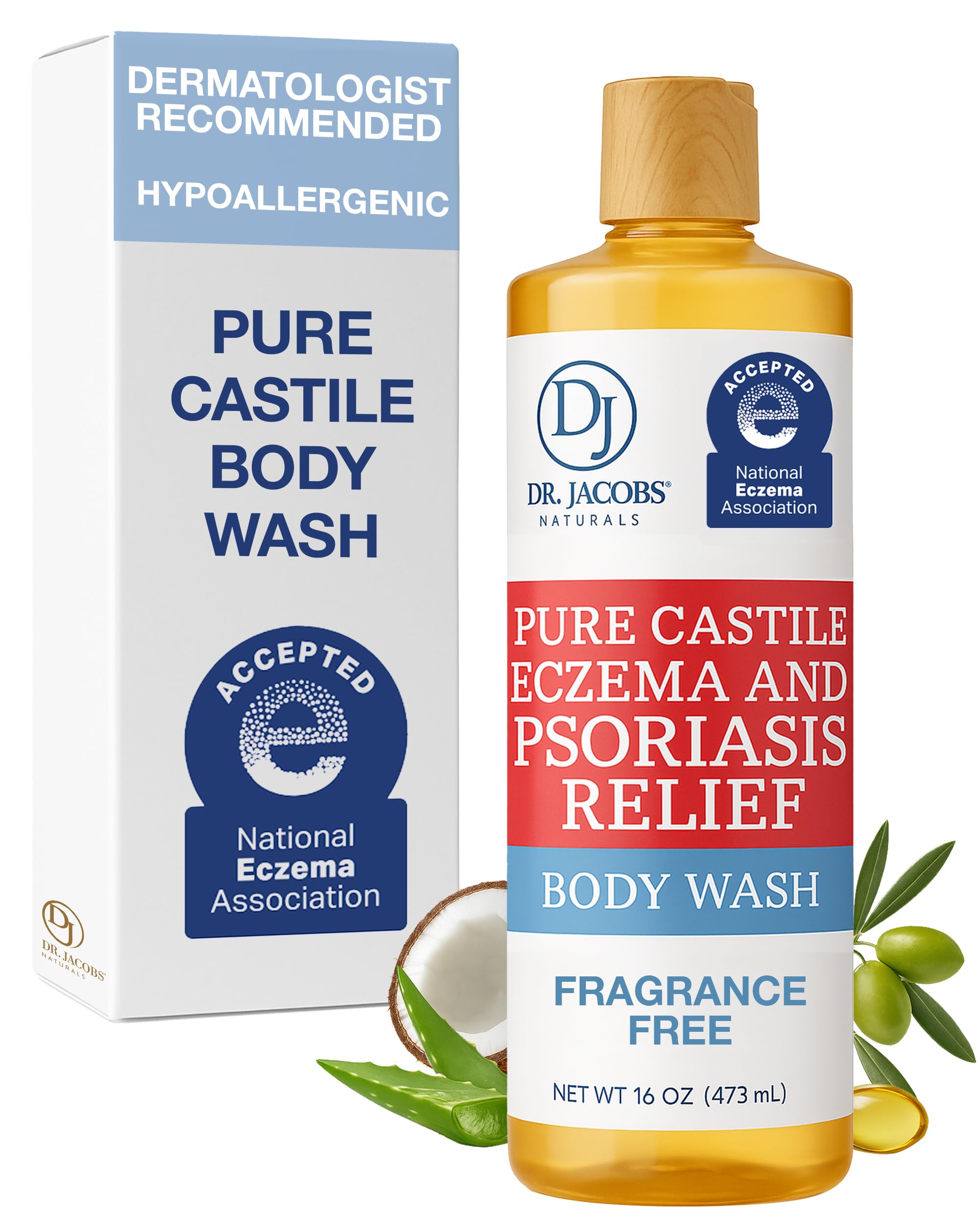 Dr. Jacobs Naturals Hypoallergenic Castile Soap, Dermatologist Tested Unscented Soap for Eczema & Psoriasis Relief - Sensitive Skin Body Wash, Vegan &