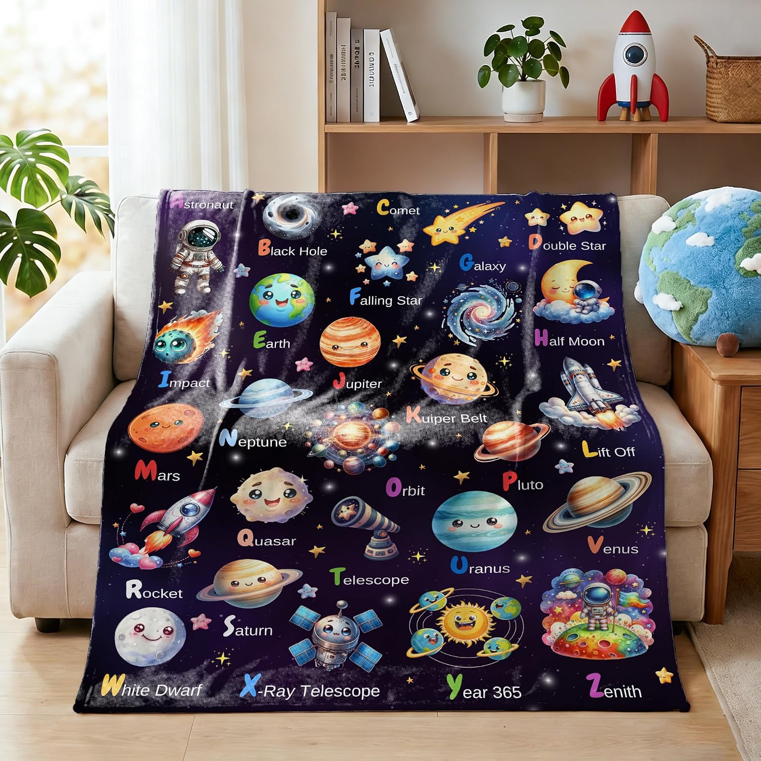 Planet Space Alphabet Blanket Astronaut Gift for Kids Boys-Soft Flannel Blankets Space Pattern Cozy Throws, Planet Blanket for Couch Bedroom Camping Travel 40"x50"