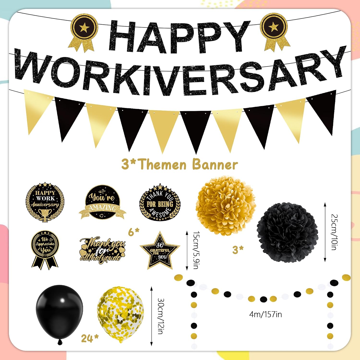 Work Anniversary Decorations Party Banner - 40 Pcs Black Gold Glitter Happy Workiversary Banner Penant Swirls Paper Pompoms Balloons Round Dot For Anniversary Employee Office Party Supplies image 2