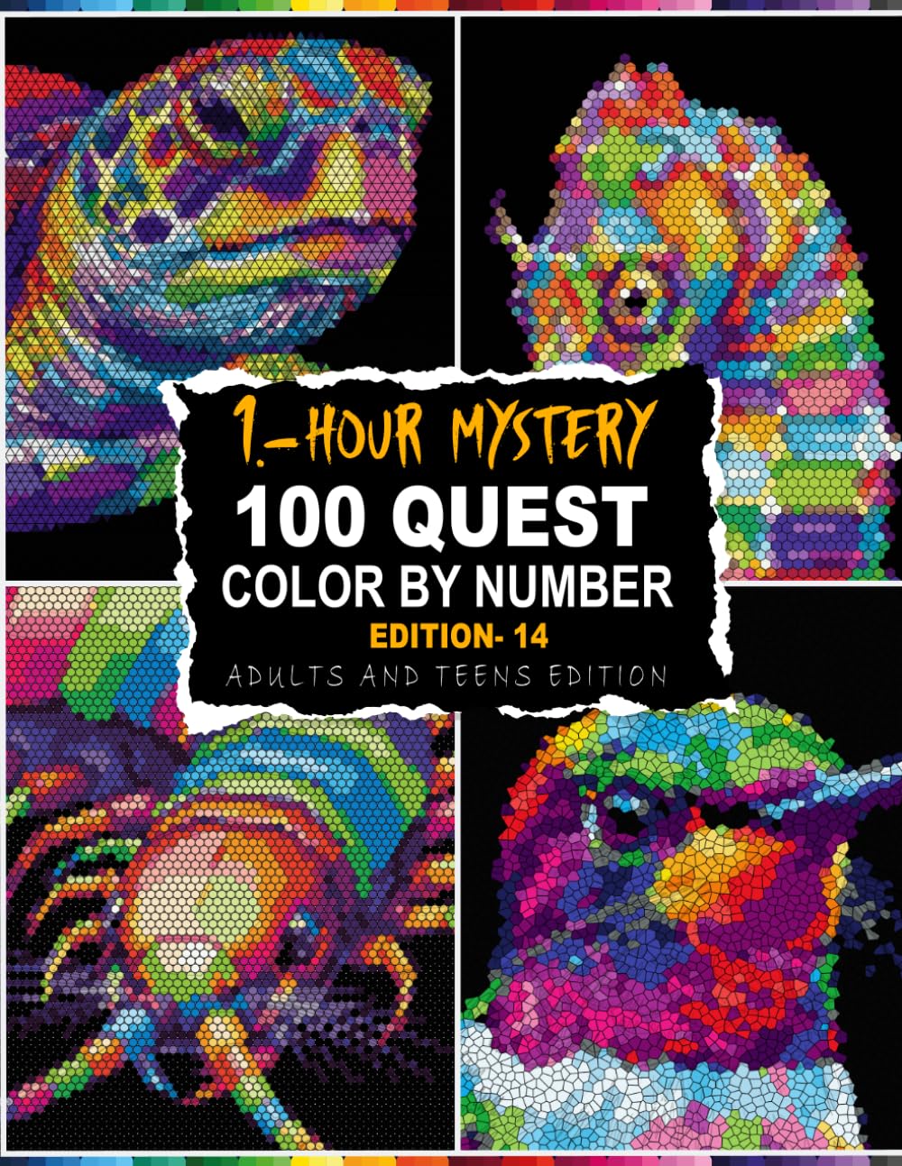 100 QUEST 1-HOUR MYSTERY MOSAIC: 100 Color By Number in 5 Unique Shapes – Circle, Triangle, Hexagon, Rectangle & Glass – With Master Color Palette for Adults and Teens