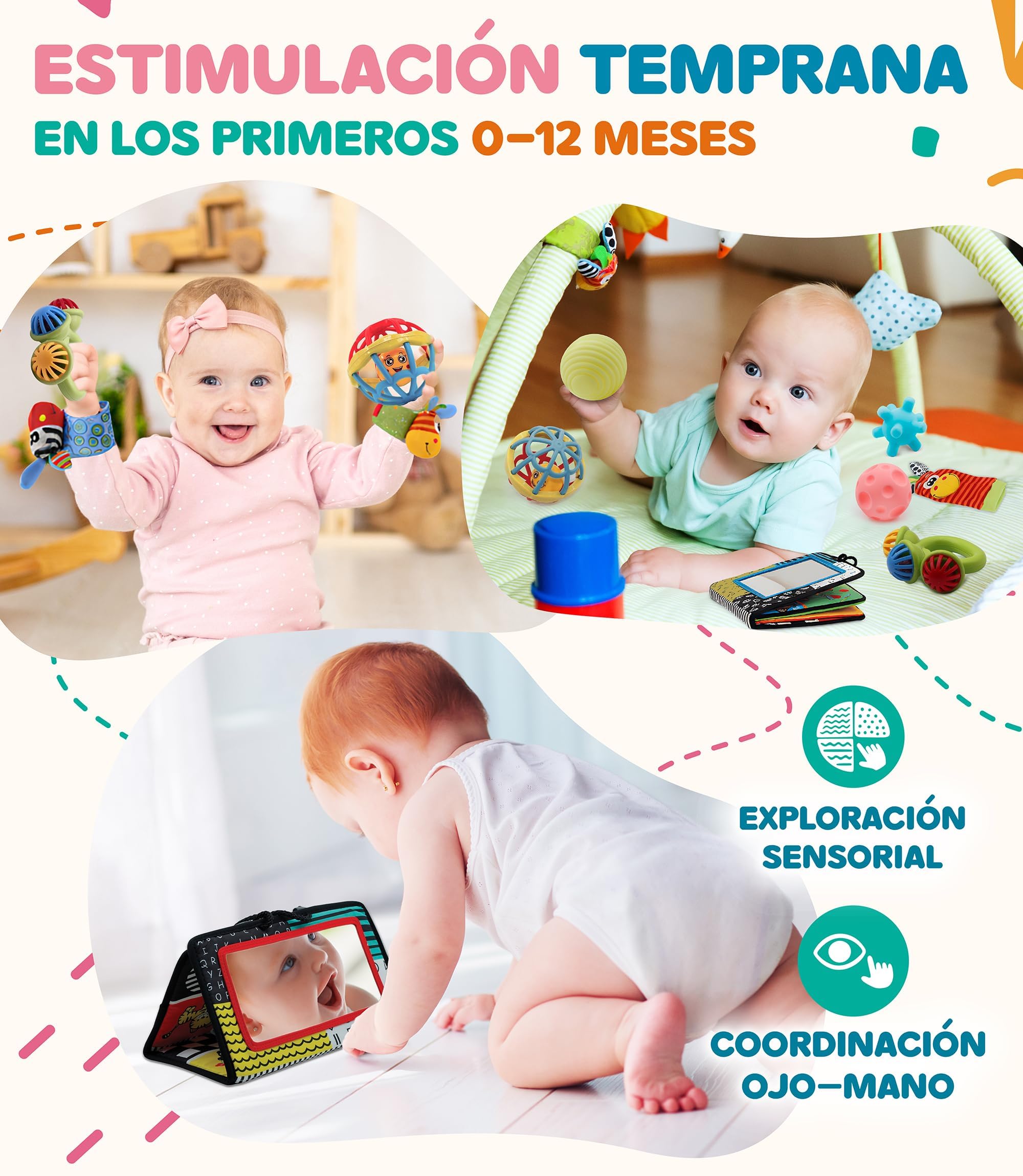 Juguetes Estimulacion Bebe 0-6 Meses para Estimulacion Temprana Bebes es un Regalo inteligente con guía para sus primeros aprendizajes Montessori Bebe 0-6 Meses con Pelotas Sensoriales Sonajeros