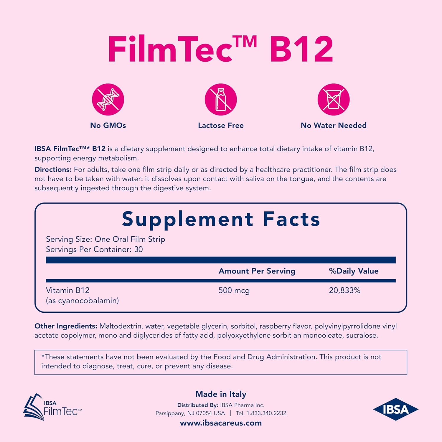 Ibsa FilmTec B12 - Dietary Supplement – 500 mcg Vitamin B12-30 Oral Dissolving Films for Immediate Release and Tolerability - Gluten-Free, Lactose-Free, Sugar-Free, Non-GMO - Image 5