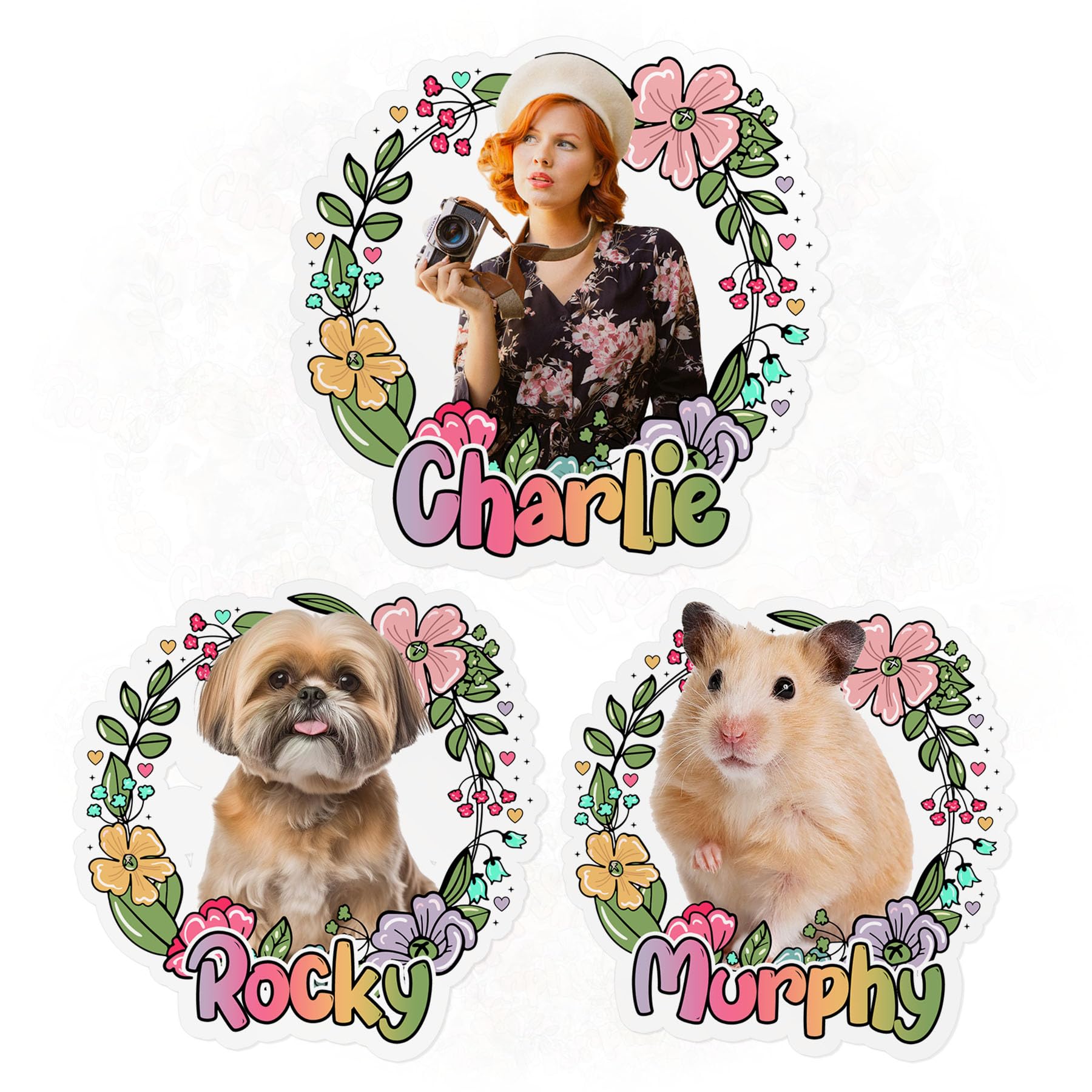 Custom Photo Sticker Personalized Photo Name Colorful Floral Decal Die-Cut Waterproof Vinyl Sticker for Laptop, Water Bottle, Phone Case, Cars - Decor