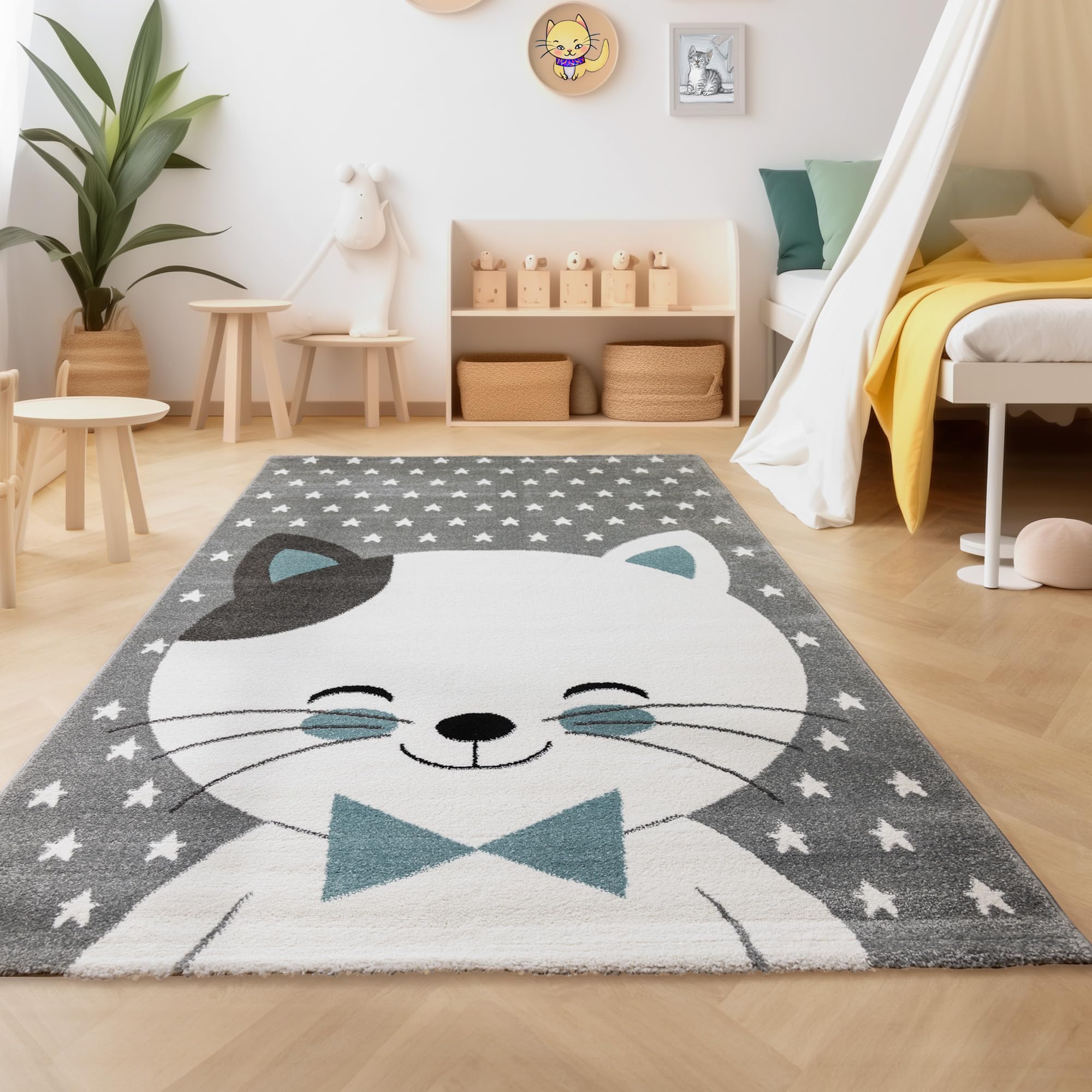 SIMPEX Alfombra Infantiles, diseño de Gato, Alfombra Azul, 120 cm Redonda, Alfombras para niños, Alfombra habitación Infantil