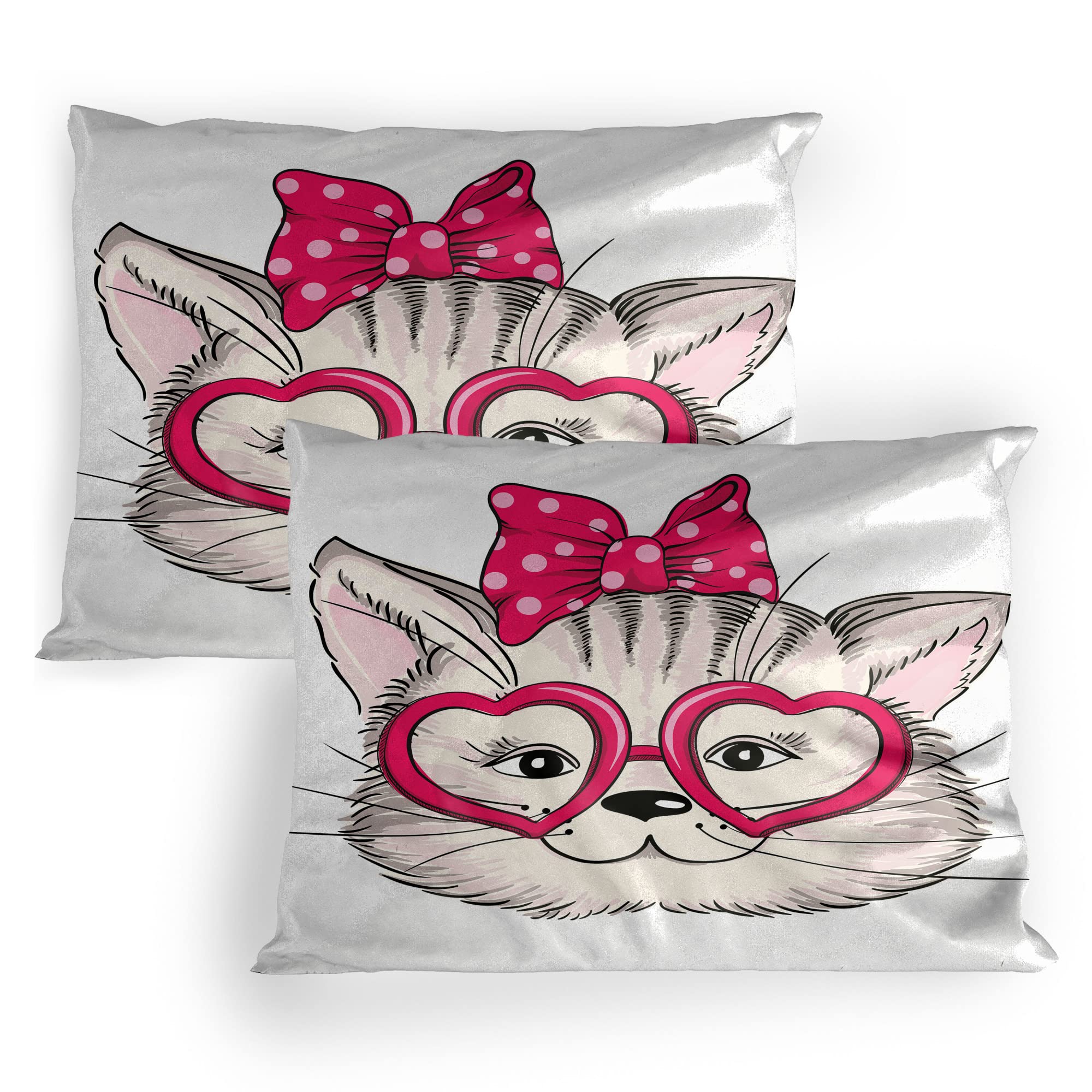 Lunarable Cat Pillow Sham Set of 2, Fashion Girl Kitten with Heart Shaped Glasses and Ribbon Teenager Illustration, Quality Microfiber Bedding Item for All Seasons, 26